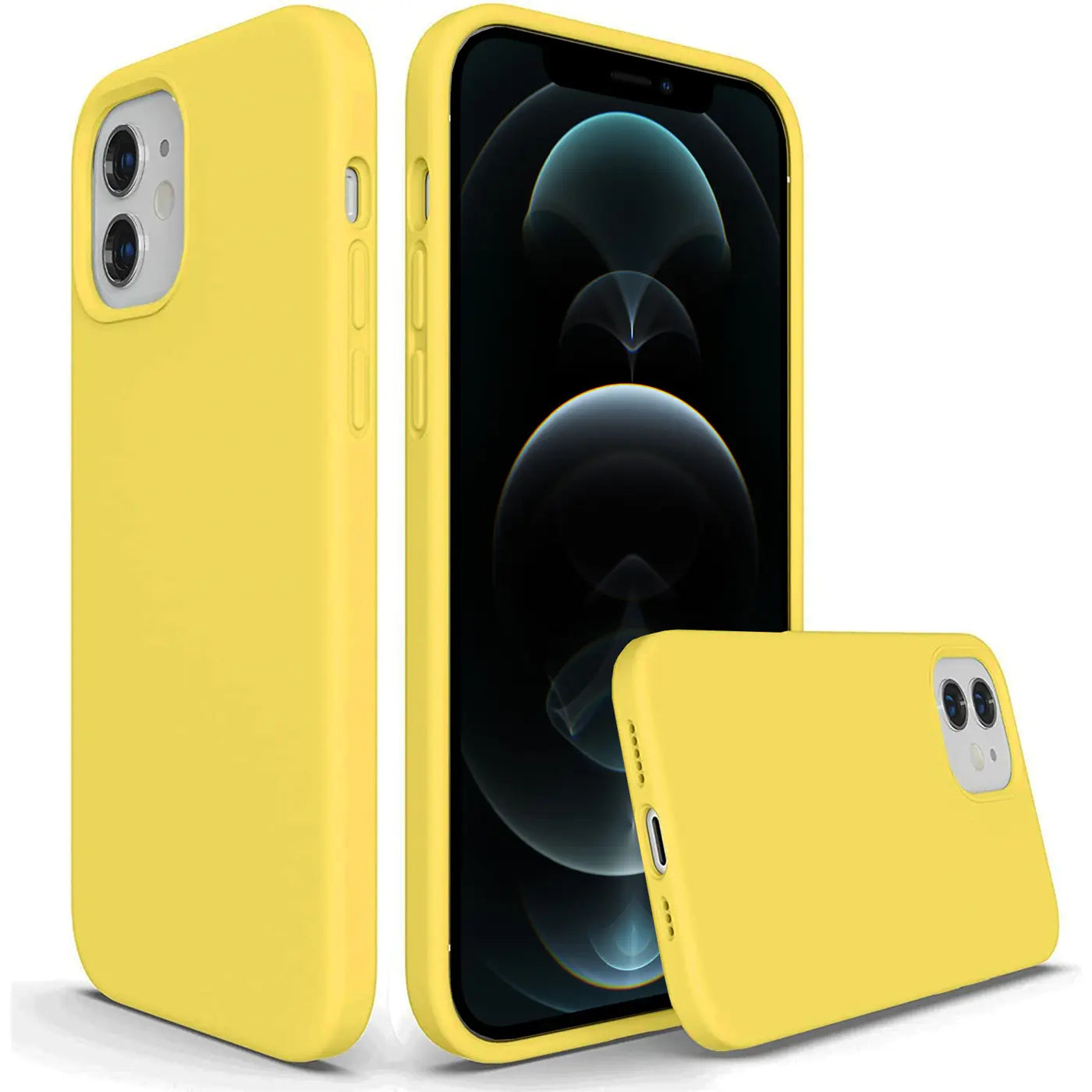 Gelbe Silikonhülle für iPhone 12 Mini, Vorder- und Rückansicht, mit Gerät
