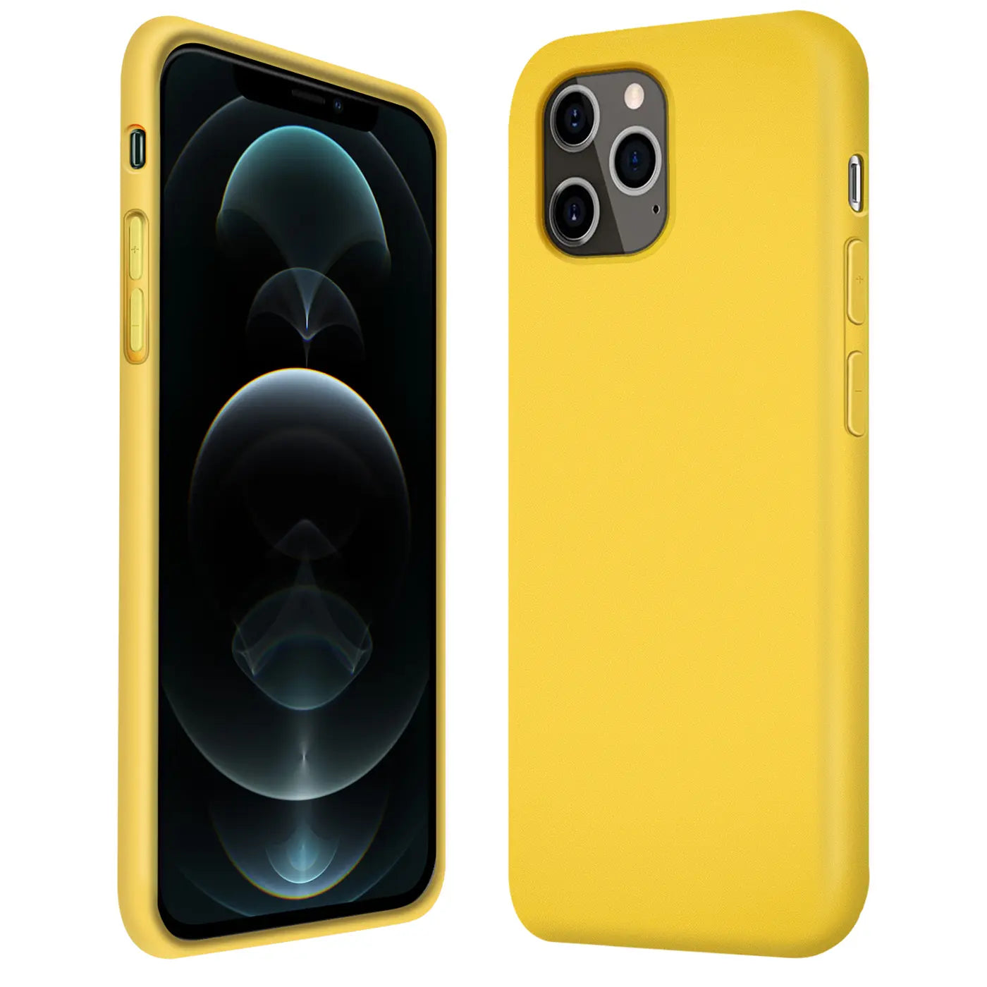 Gelbe Silikonhülle für iPhone 12 Mini, Vorder- und Rückansicht
