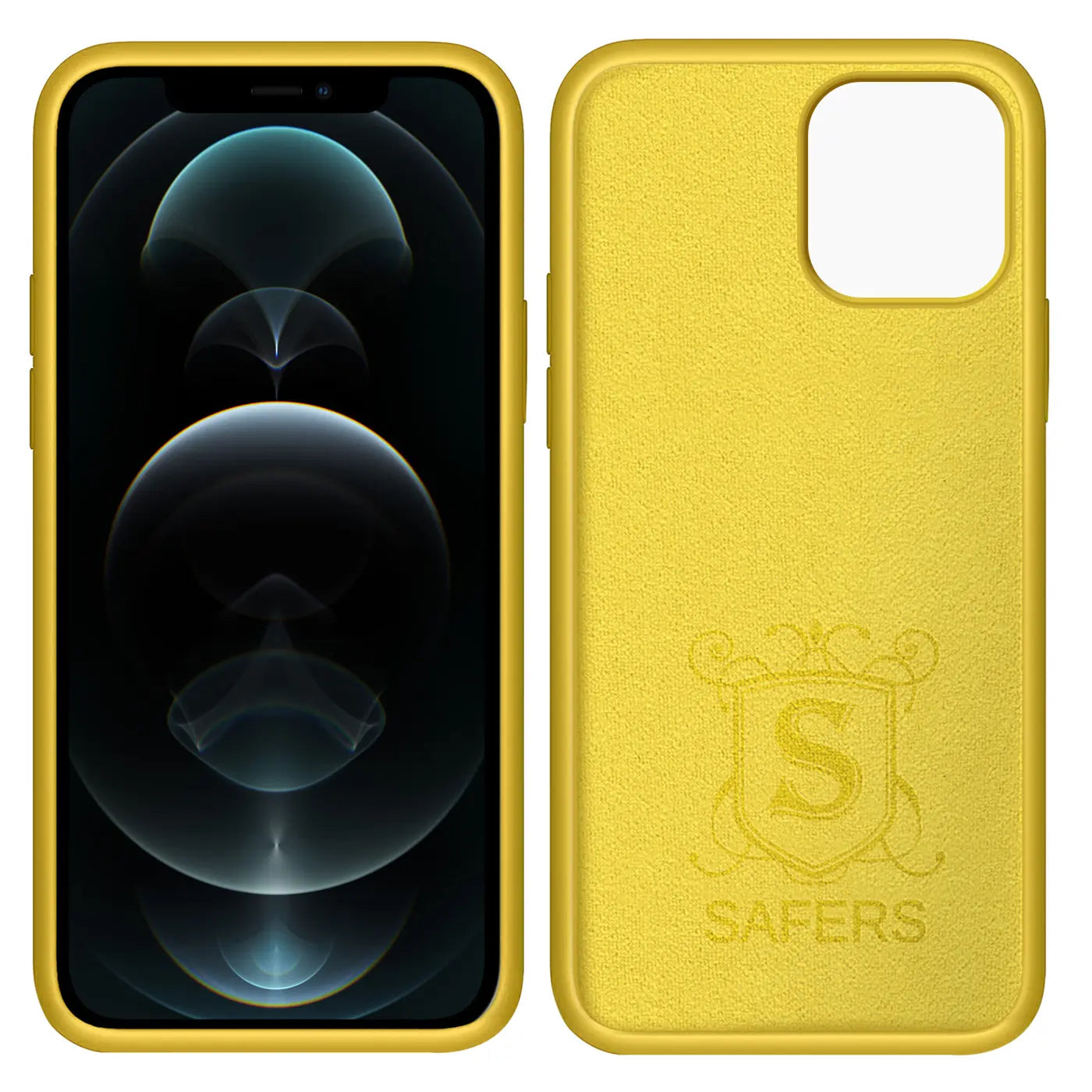 Gelbe Silikonhülle für iPhone 12 Mini, Vorder- und Rückansicht, Mikrofaser innen.