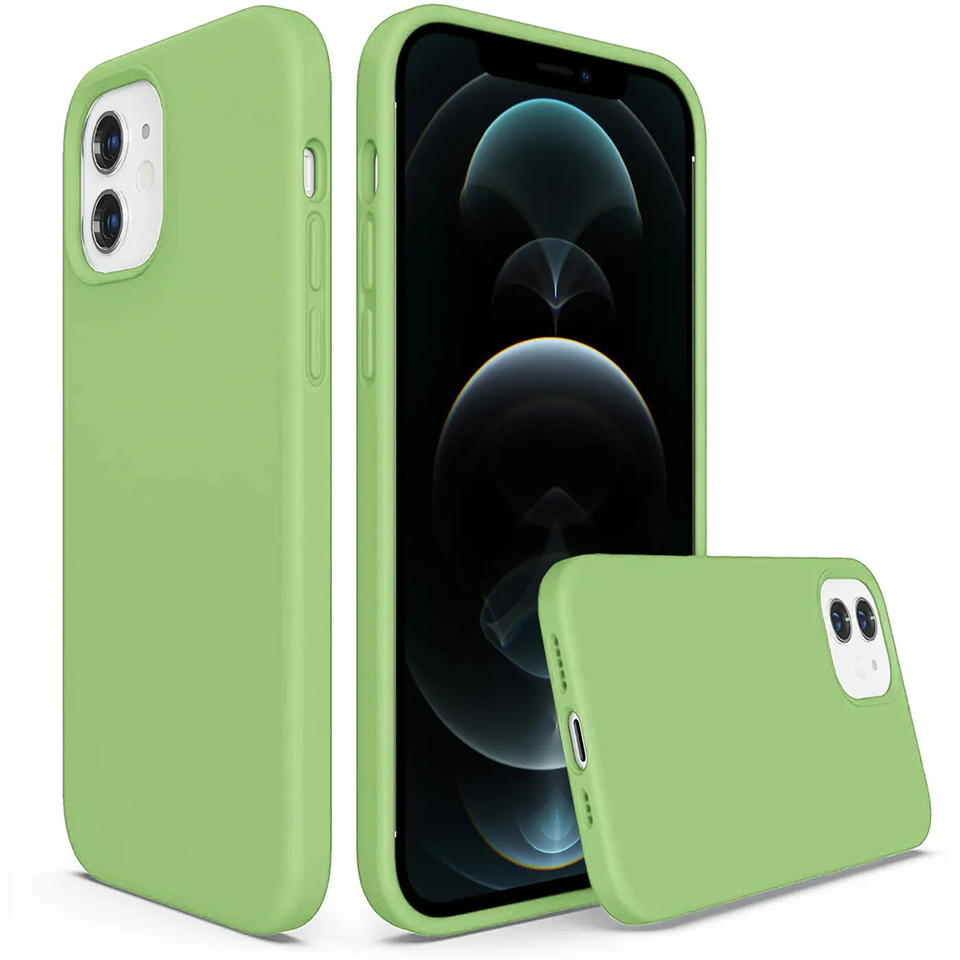 Grüne Silikonhülle für iPhone 12 Mini, von vorne und Seite, mit Mikrofaser-Innenfutter.