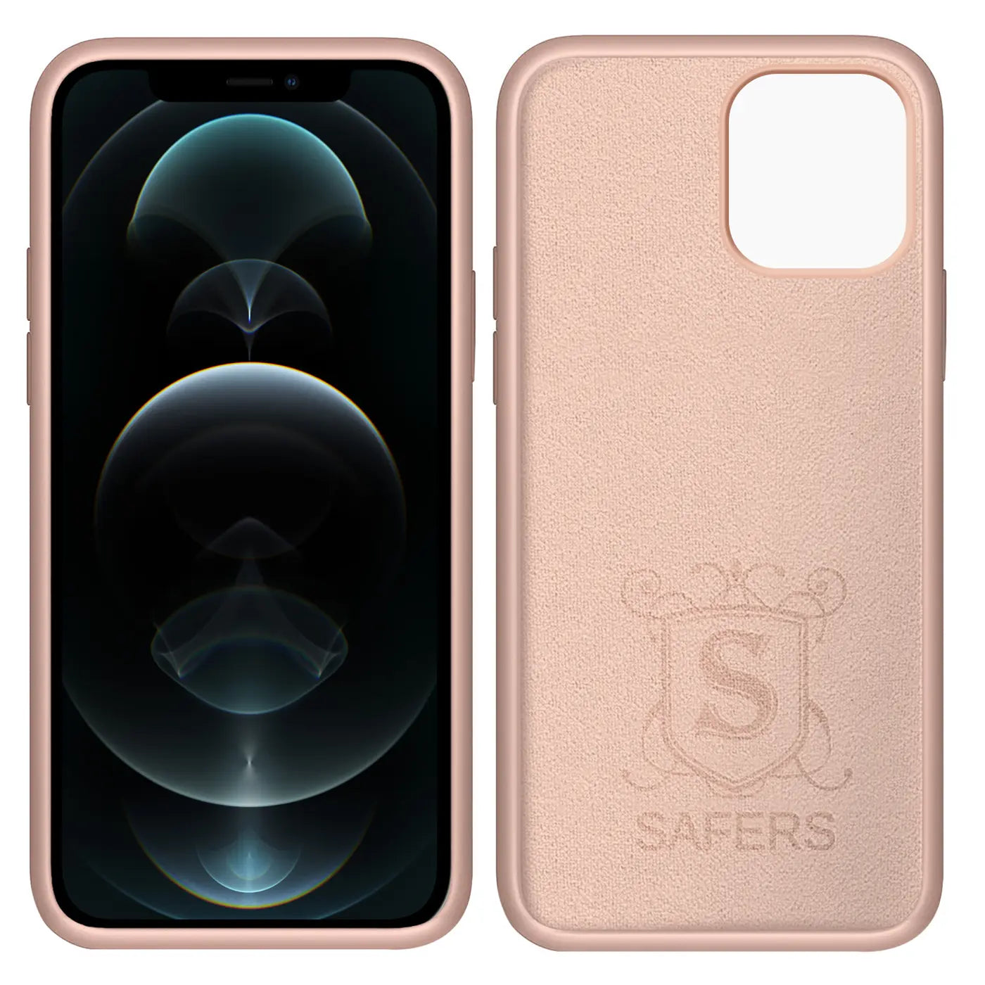 iPhone 12 Mini mit roségoldener Silikonhülle, Vorder- und Rückansicht.