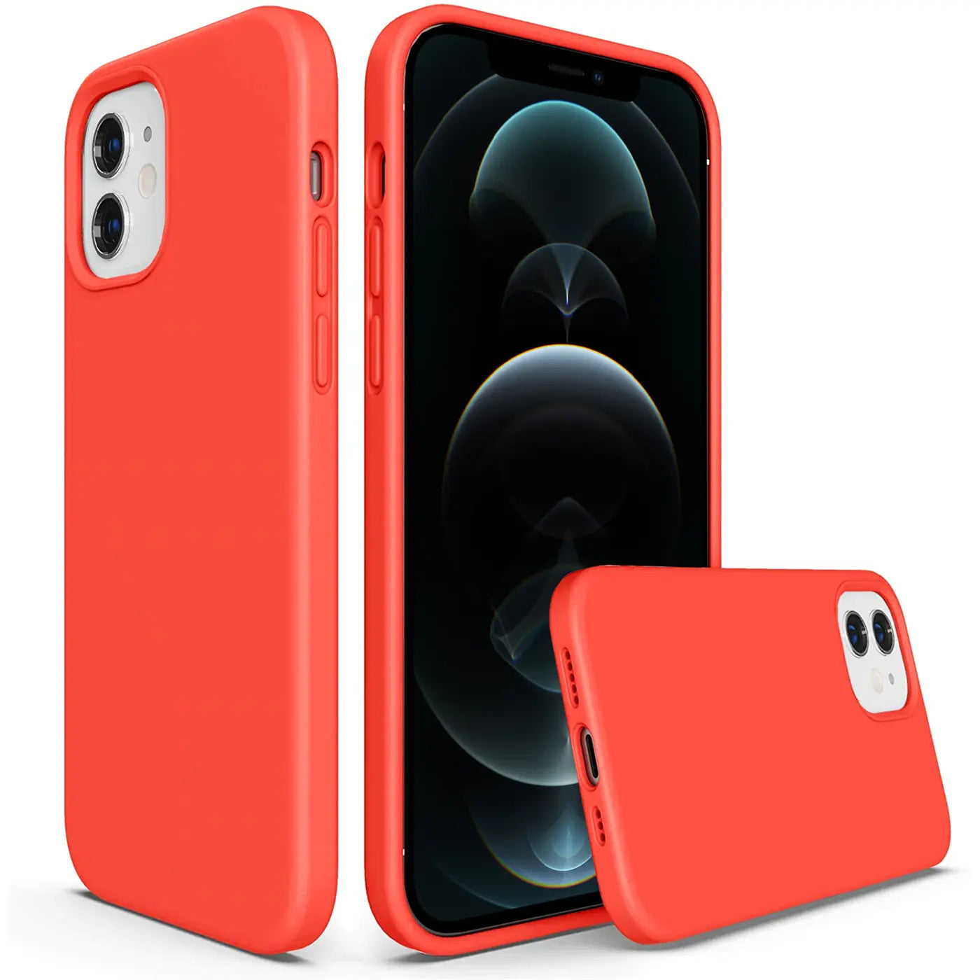 Rote Silikonhülle für iPhone 12 Mini, von vorne und Seite, mit Mikrofaser-Innenfutter.