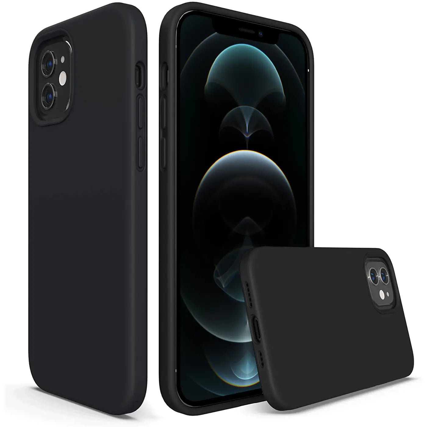 Schwarze Silikonhülle für iPhone 12 Mini, Mikrofaser innen, von vorne und Seite