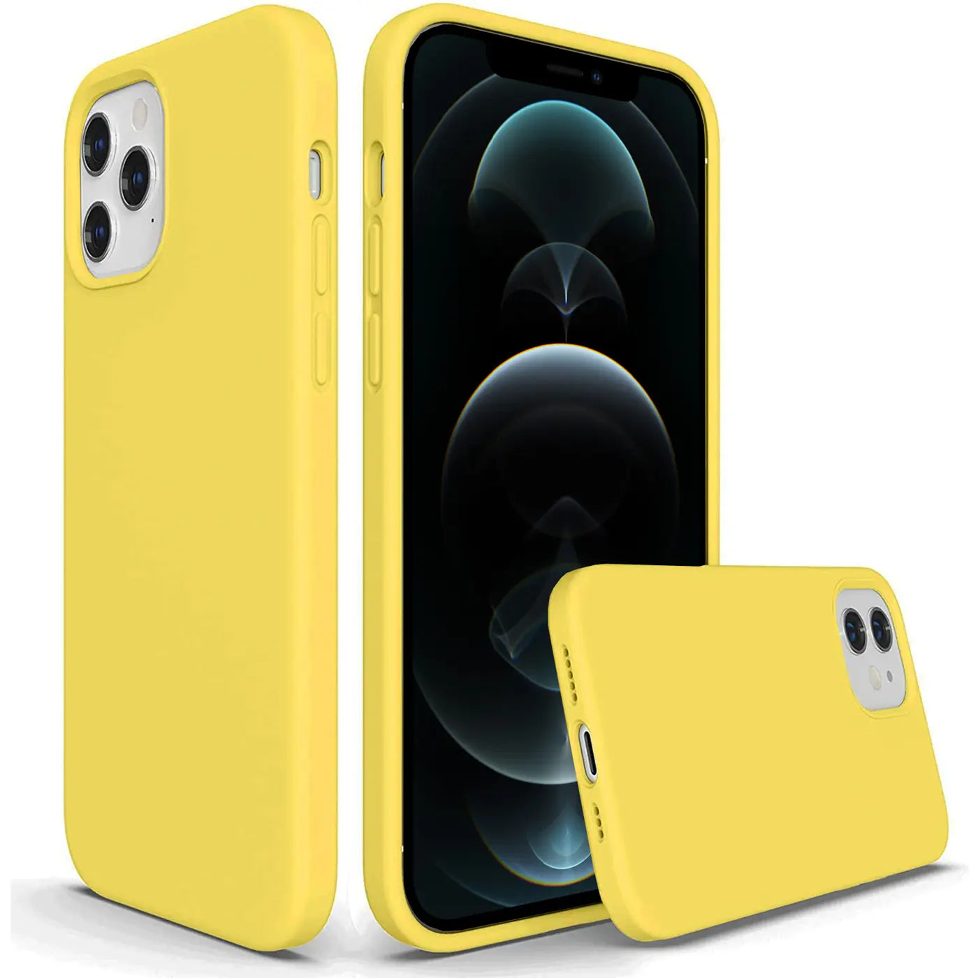 Gelbe Silikonhülle für iPhone 12 Pro Max, von vorne und von der Seite gezeigt.