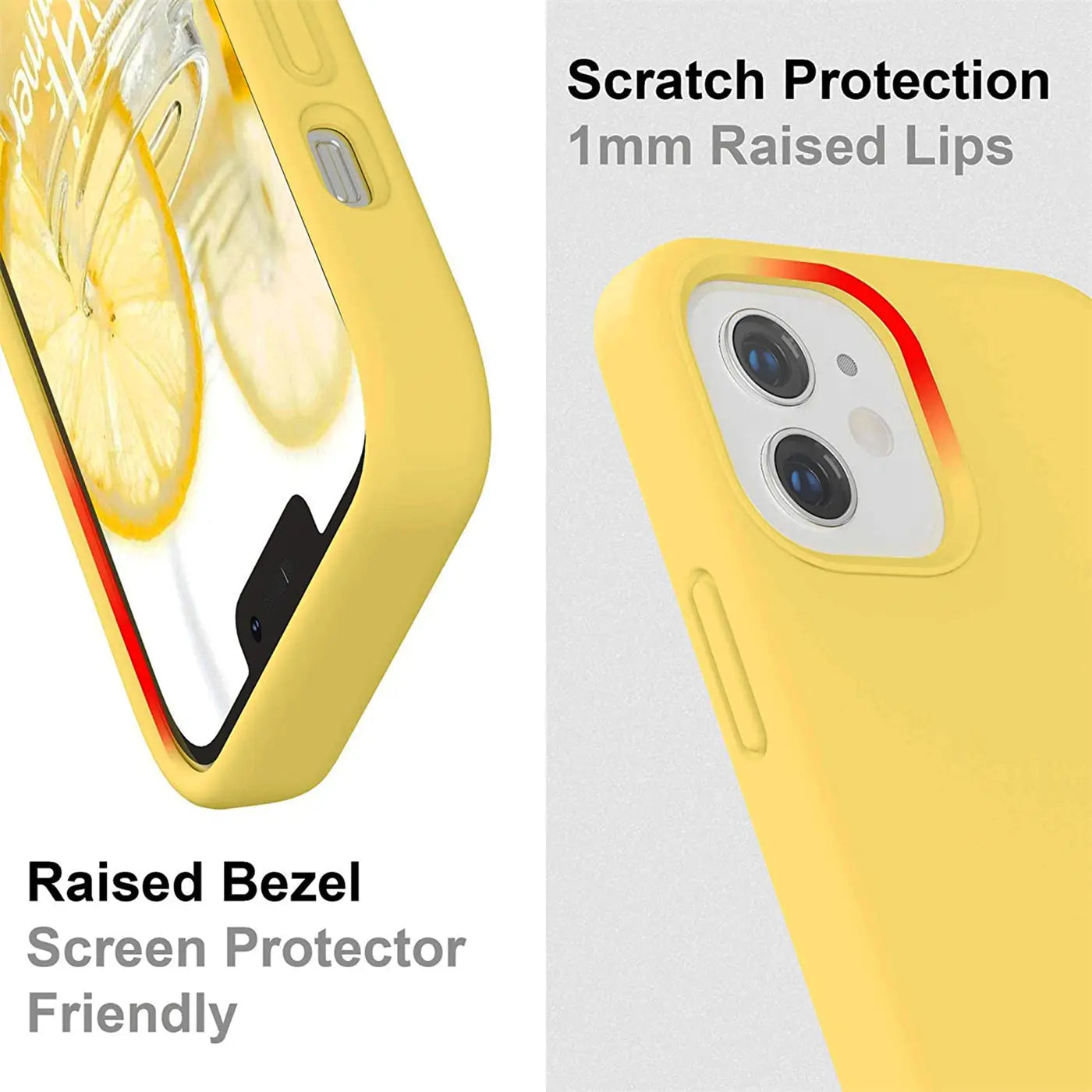 Gelbe Silikonhülle für iPhone 12 Pro Max, Nahaufnahme, Seitenansicht.