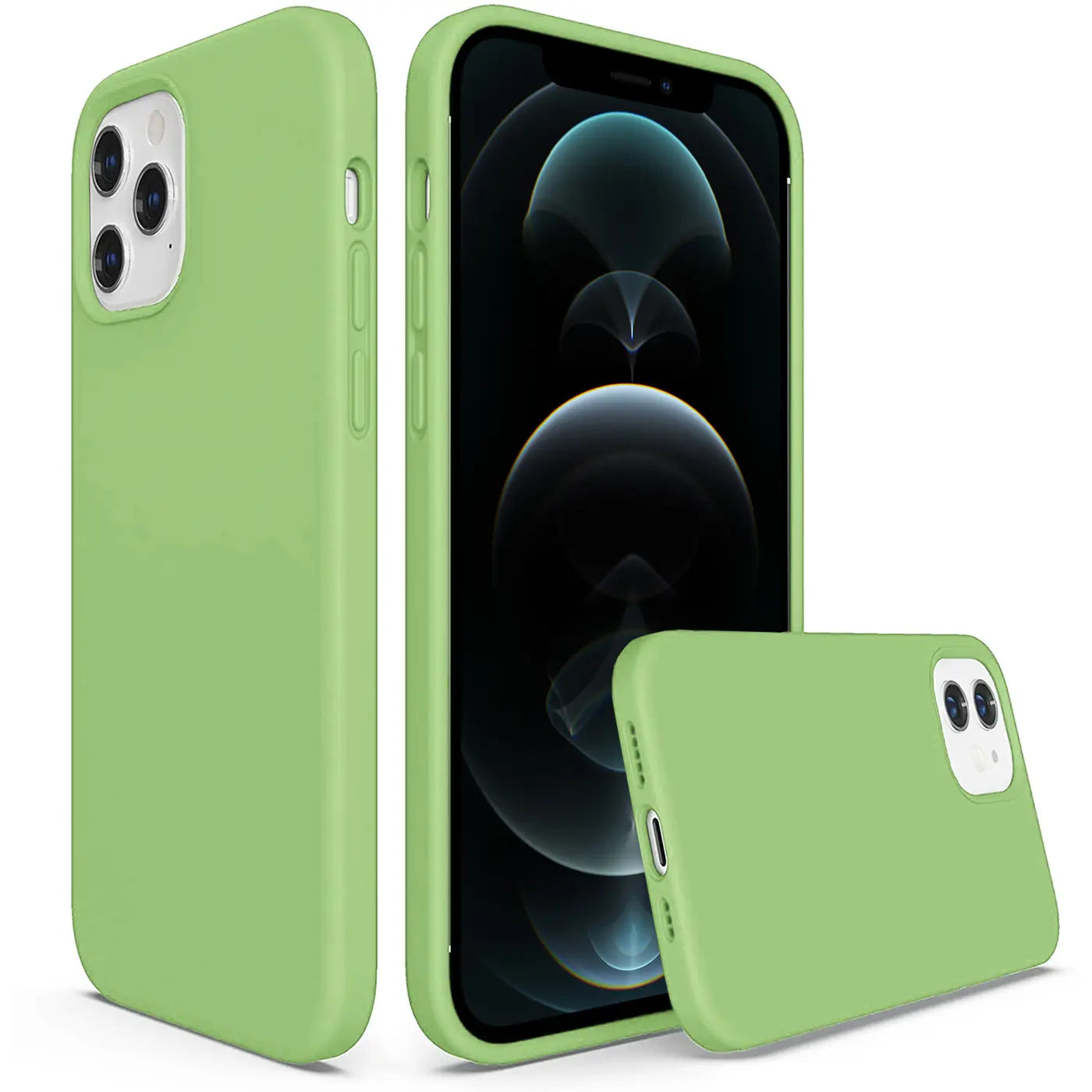 Grüne Silikonhülle für iPhone 12 Pro Max, von vorne und Seite, mit Mikrofaser-Innenfutter.