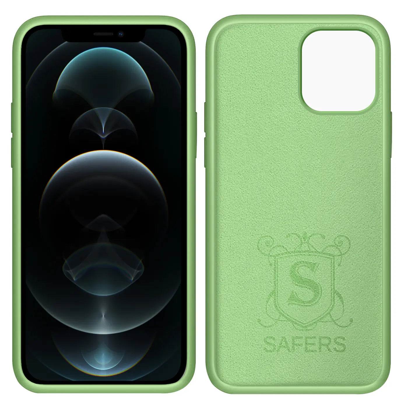 Grüne Silikonhülle für iPhone 12 Pro Max, Vorder- und Rückansicht, Mikrofaser innen.