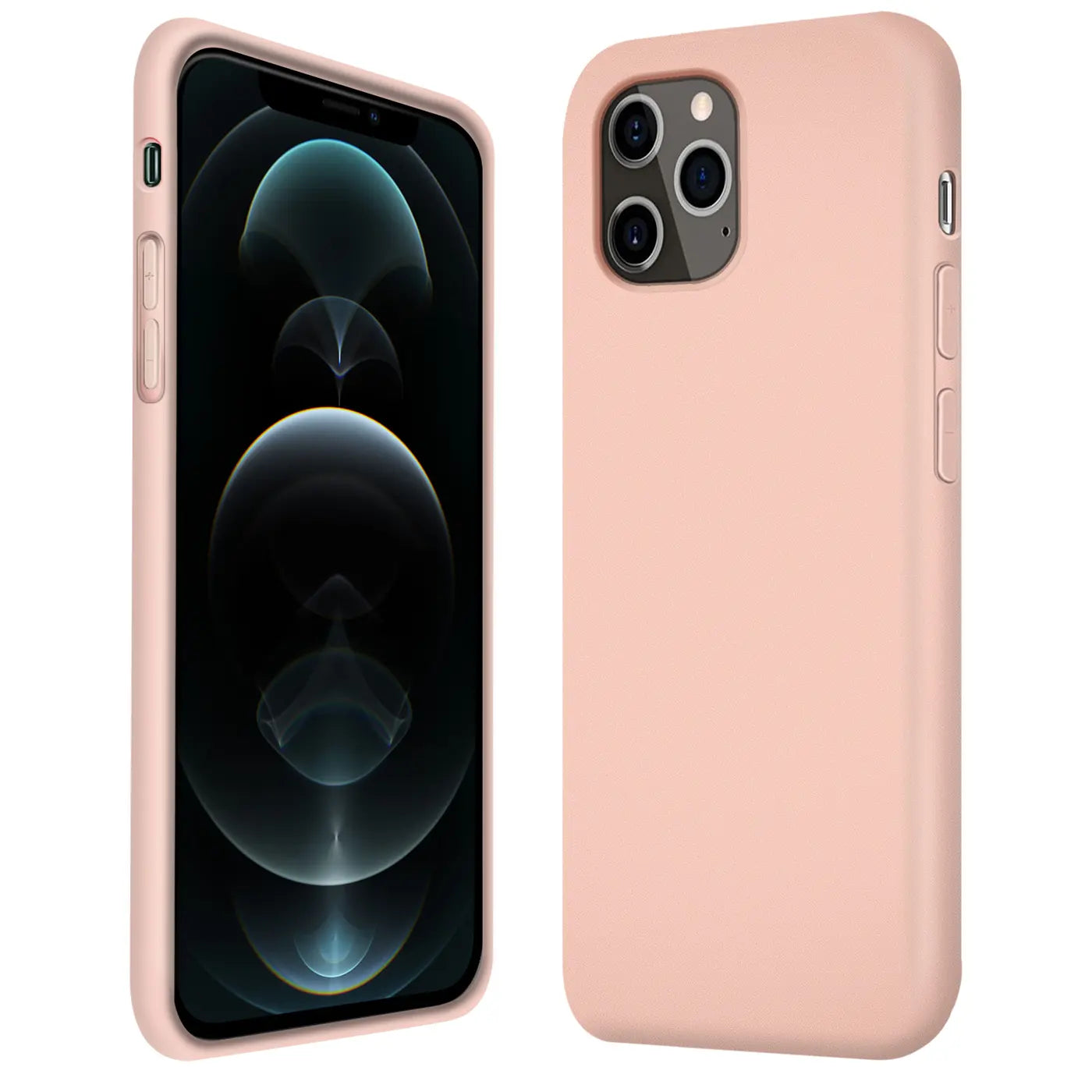 Rosa Silikonhülle für iPhone 12 Pro Max, Vorder- und Rückansicht.