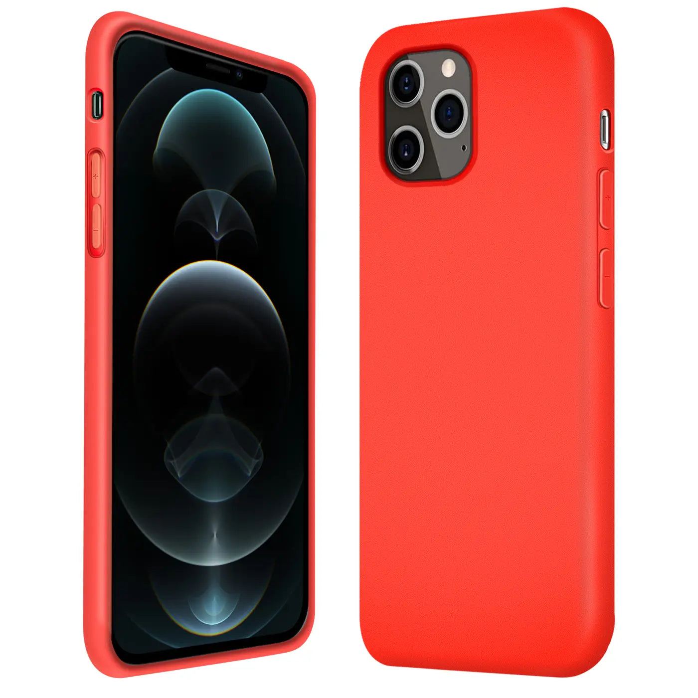 Rote Silikonhülle für iPhone 12 Pro Max, Vorder- und Rückansicht.