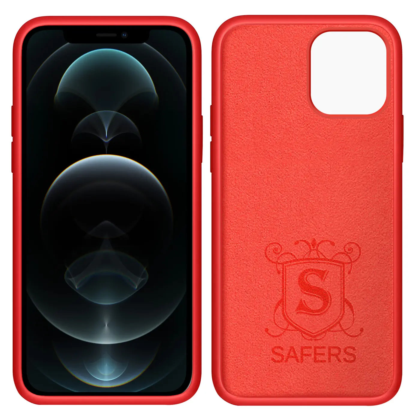 Rote Silikonhülle für iPhone 12 Pro Max, Vorder- und Rückansicht. Mikrofaser innen.