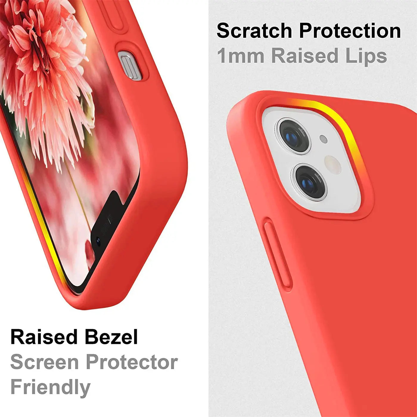 Rote Silikonhülle für iPhone 12 Pro Max, Nahaufnahme, Rückseite mit Kameraausschnitt.
