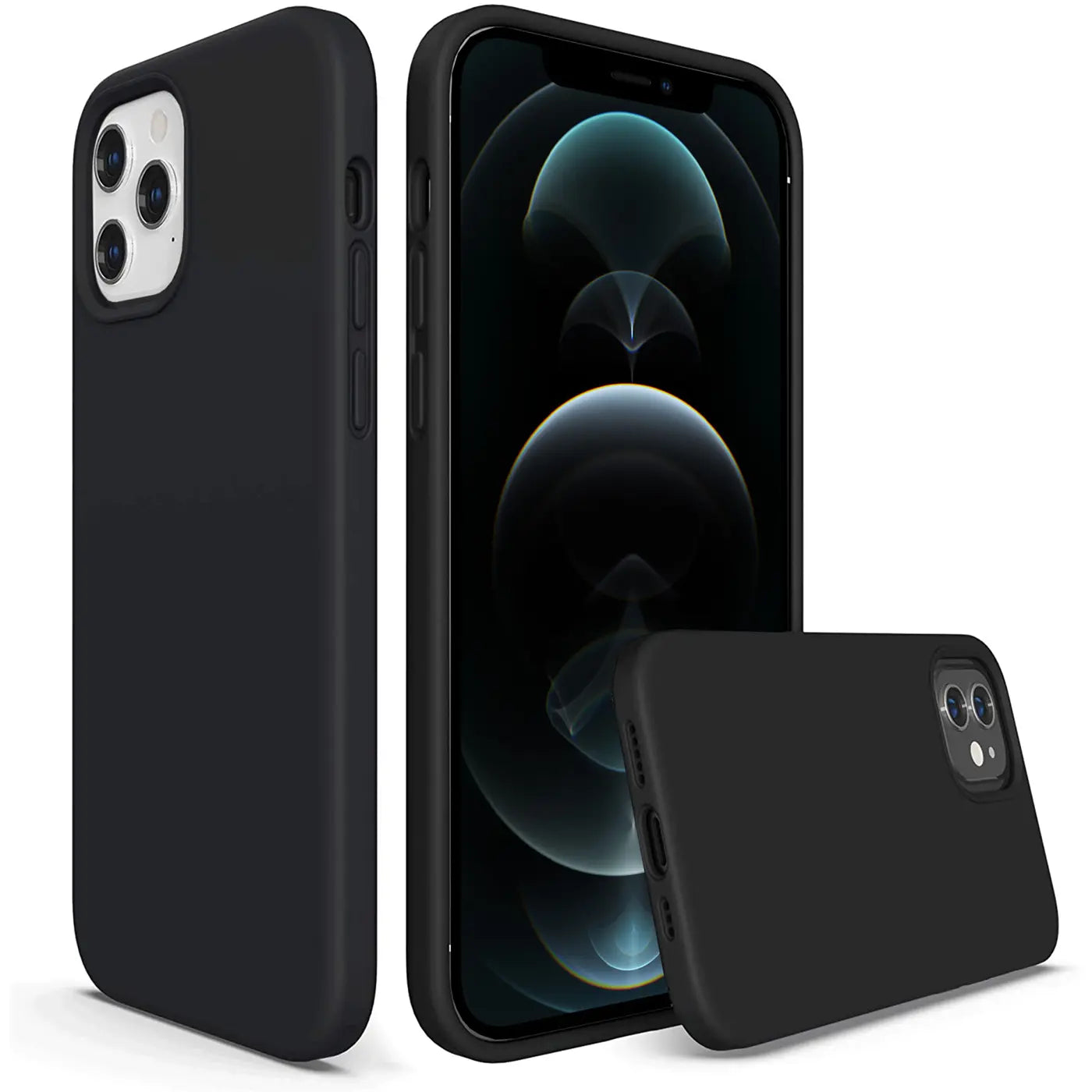 Schwarze Silikonhülle für iPhone 12 Pro Max, von vorne und Seite, mit integriertem Gerät.