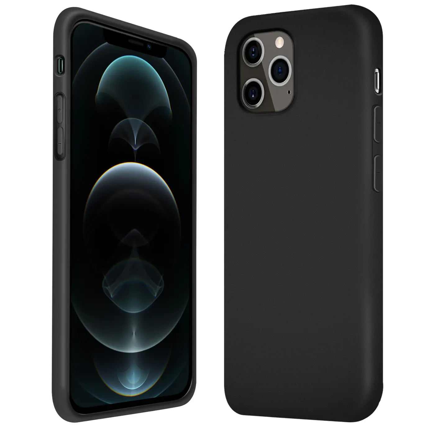 Schwarze Silikonhülle für iPhone 12 Pro Max, Vorder- und Rückansicht.