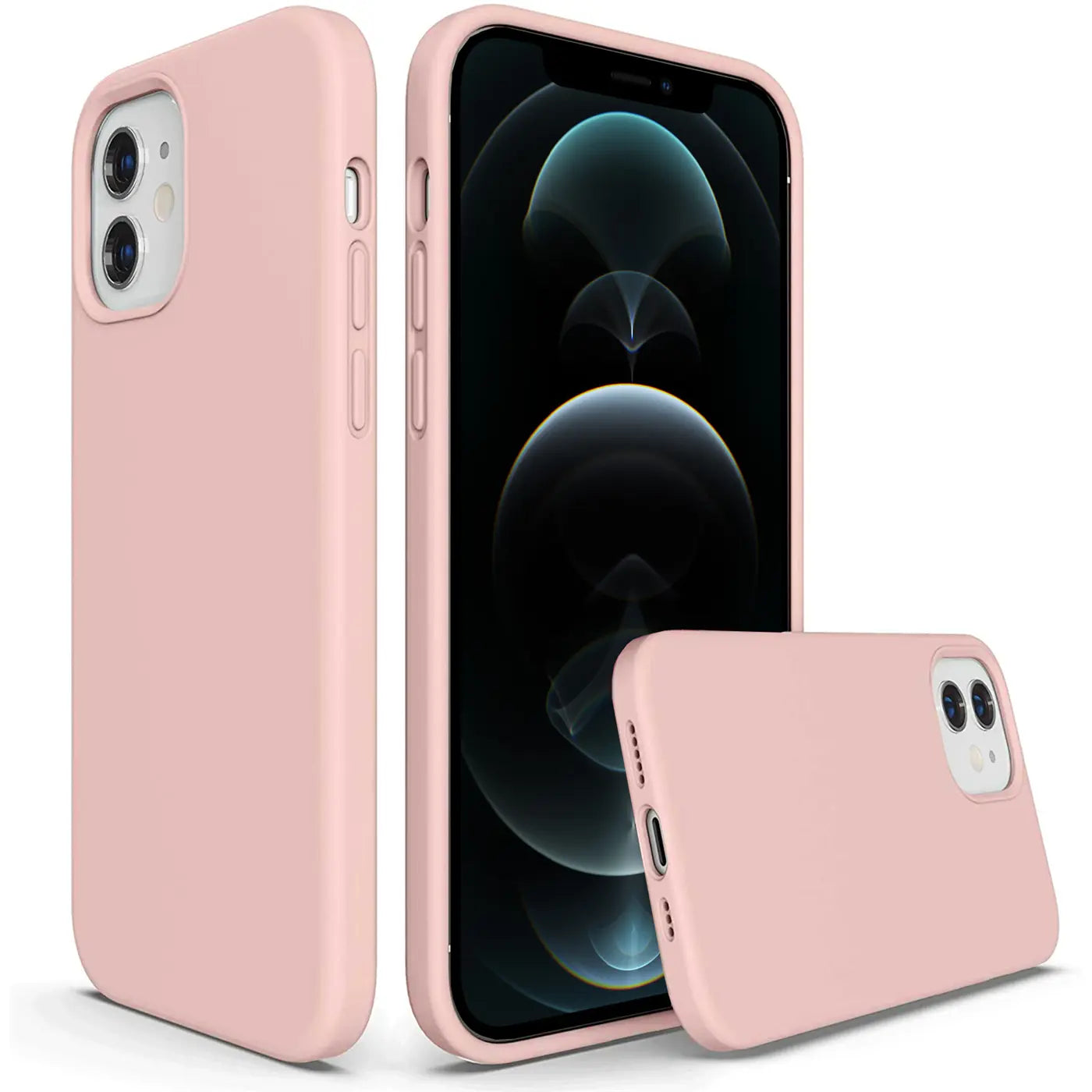 Rosa Silikonhülle für iPhone 12/12 Pro, Seitenansicht, Frontansicht, Rückansicht