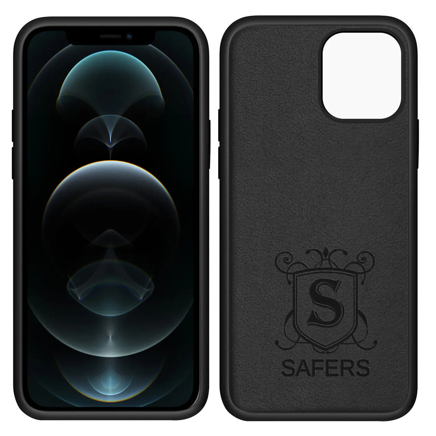 Schwarzes iPhone 12 Pro mit Hülle, Vorder- und Rückansicht. Lederoptik, Logo.