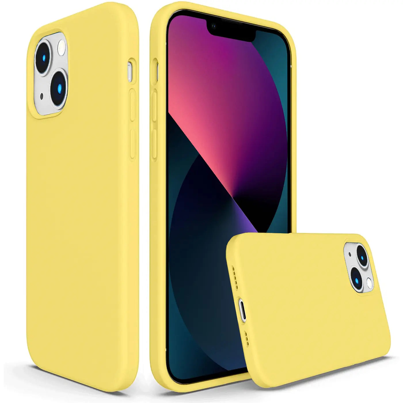 Gelbe Silikonhülle für iPhone 13, Mikrofaser innen, drei Ansichten