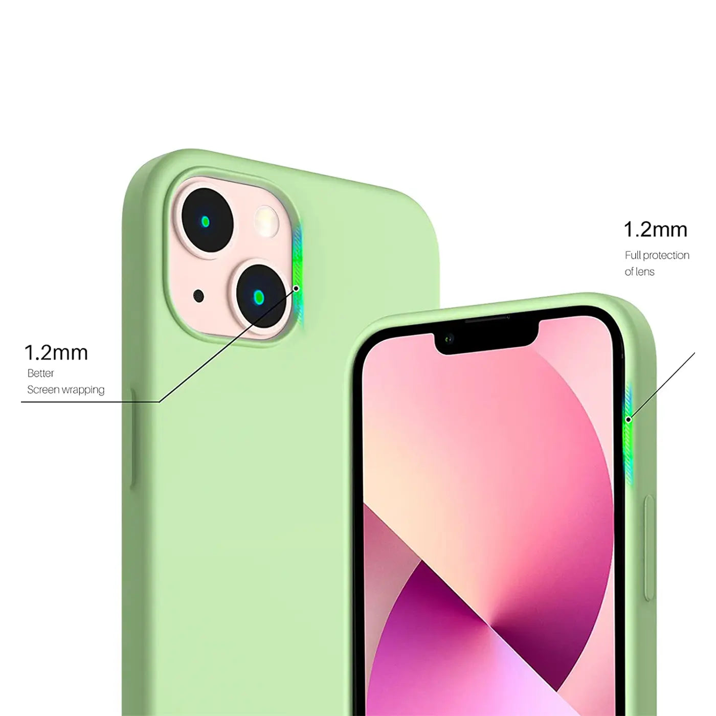 Grüne Silikonhülle für iPhone 13, Vorder- und Rückansicht, Mikrofaser innen.