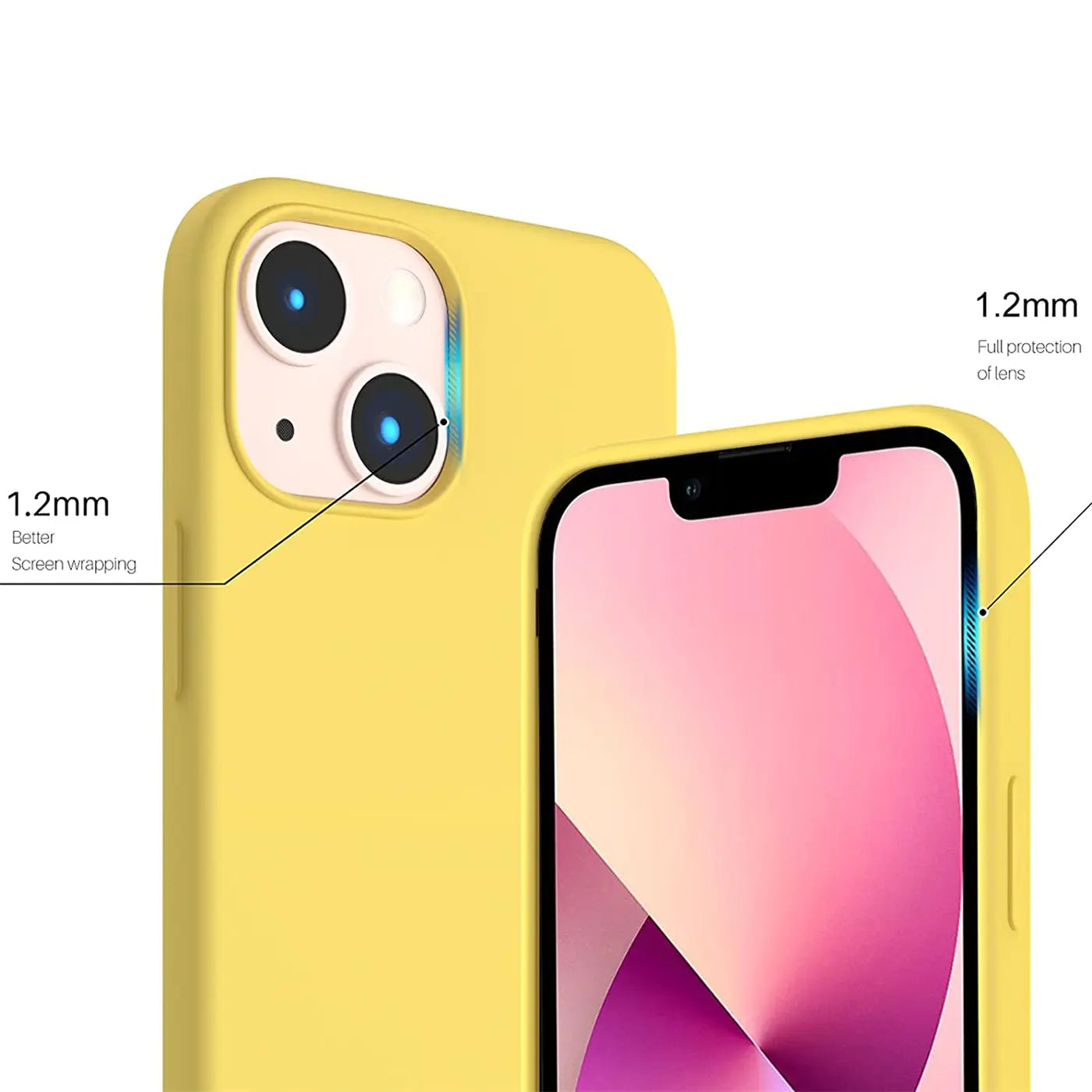 Gelbes Silikon-Case mit Mikrofaser-Innenfutter, Nahaufnahme, iPhone 13 Mini.