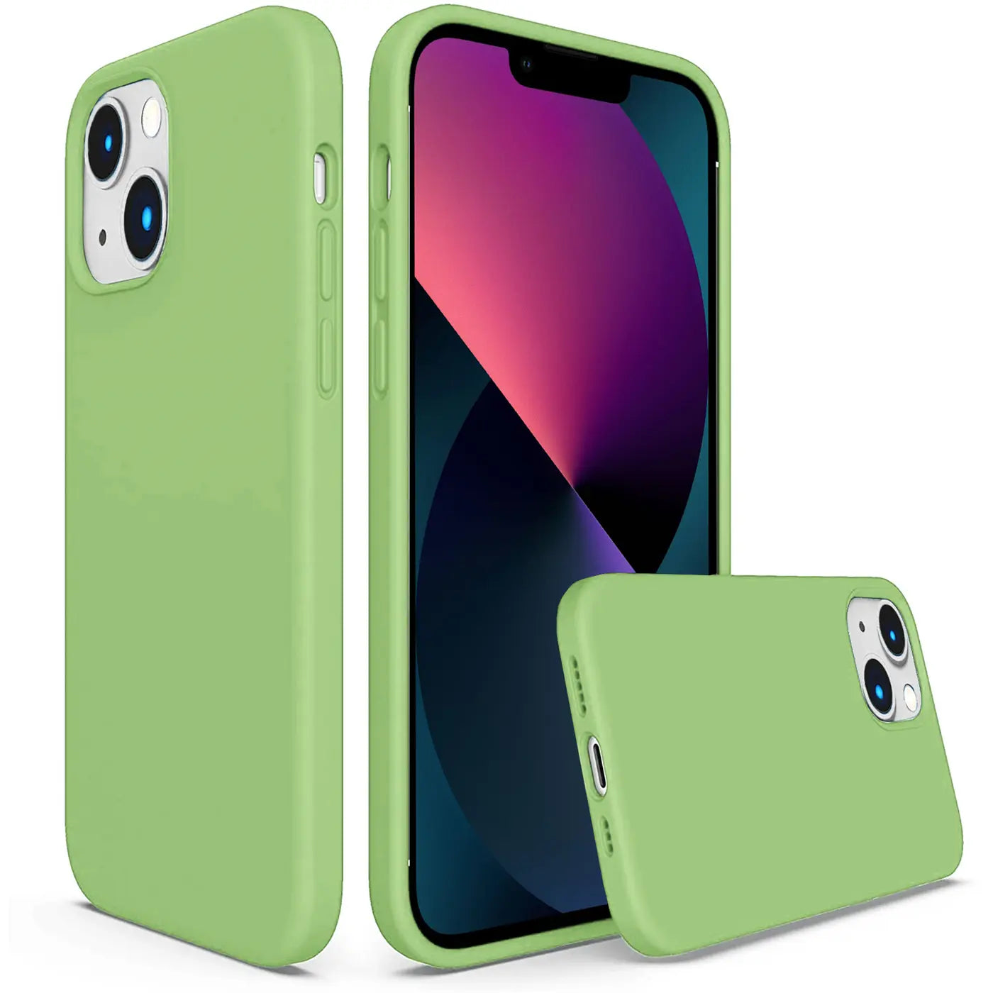 Grüne Silikonhülle für iPhone 13 Mini, von vorne und Seite, mit Mikrofaser-Innenfutter.