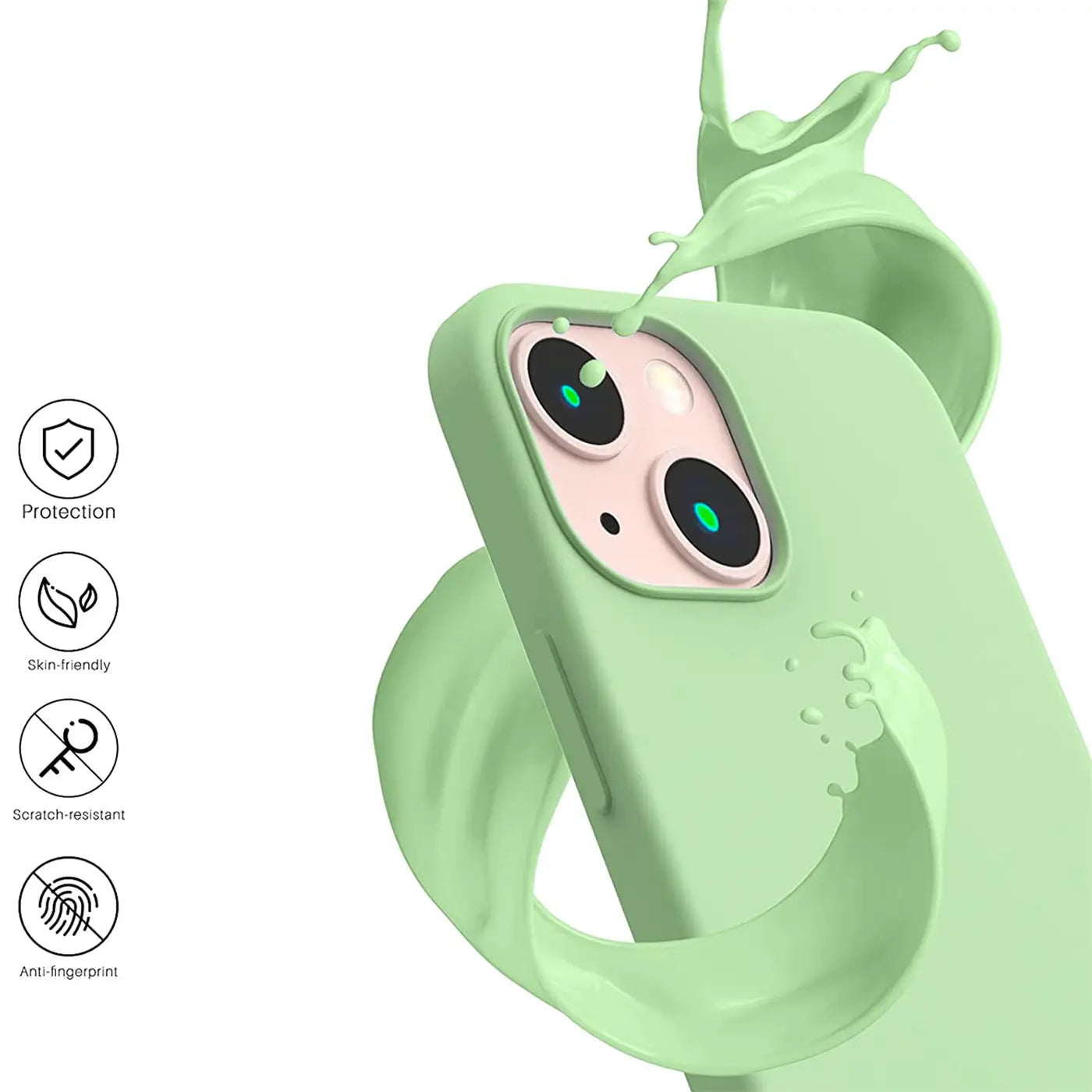 Grüne Silikonhülle für iPhone 13 Mini, von schräg hinten, mit Flüssigkeitsspritzern.