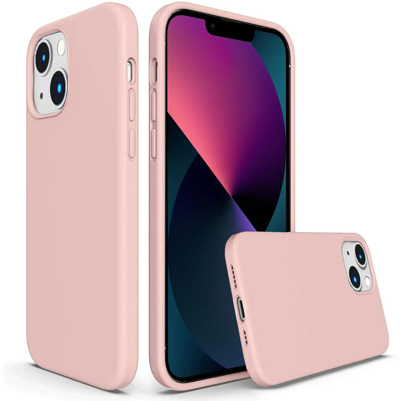 Rosa Silikonhülle für iPhone 13 Mini, Seitenansicht und Rückansicht.