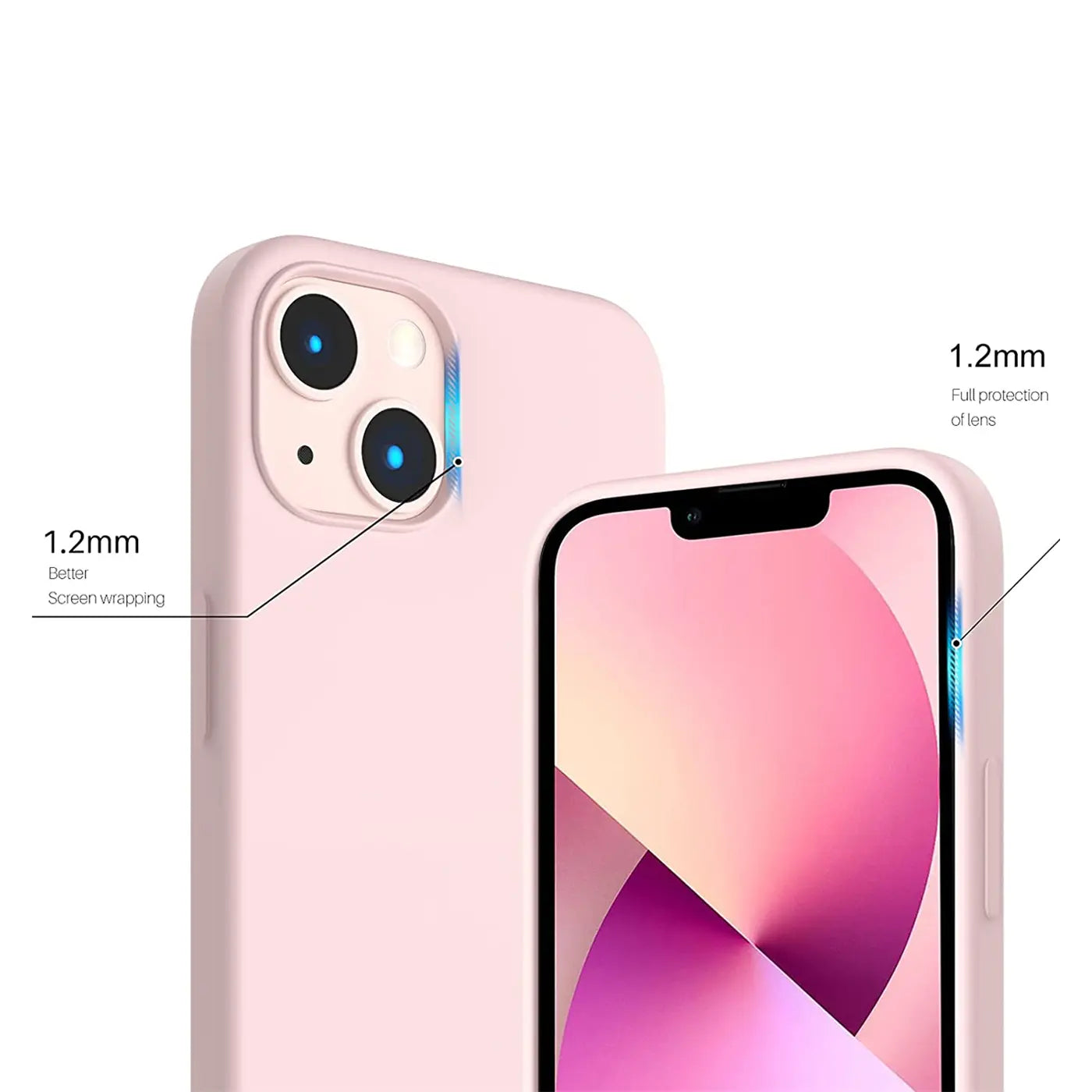 Rosa Silikonhülle für iPhone 13 Mini, Rückansicht und Vorderansicht.