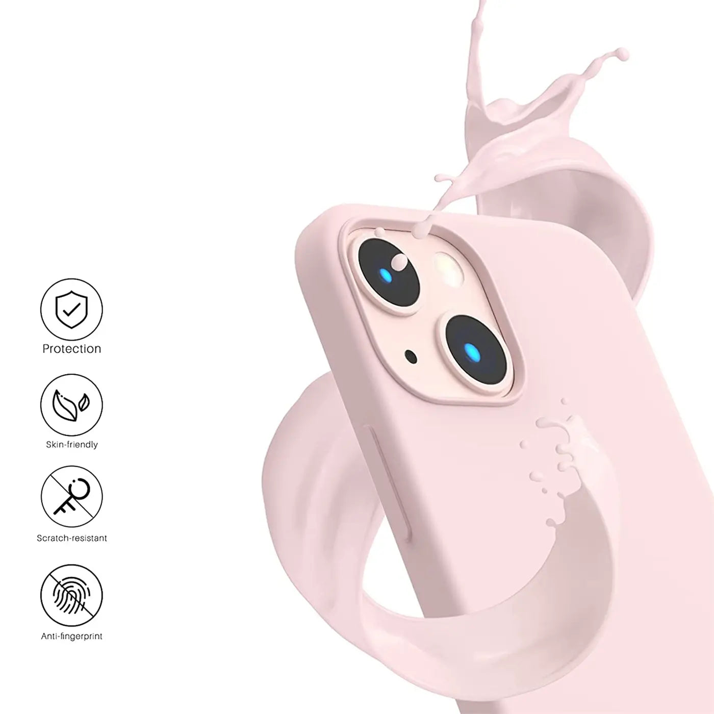Rosa Silikonhülle für iPhone 13 Mini, Nahaufnahme, von hinten, mit Spritzern.