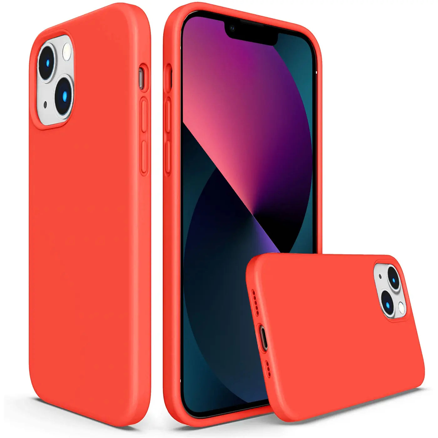 Rote Silikonhülle für iPhone 13 Mini, Seitenansicht und Rückansicht.