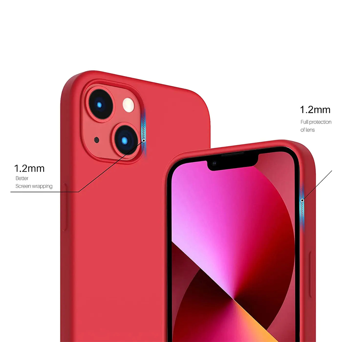 Rote Silikonhülle für iPhone 13 Mini, Nahaufnahme, Rückseite und Vorderseite mit Display.