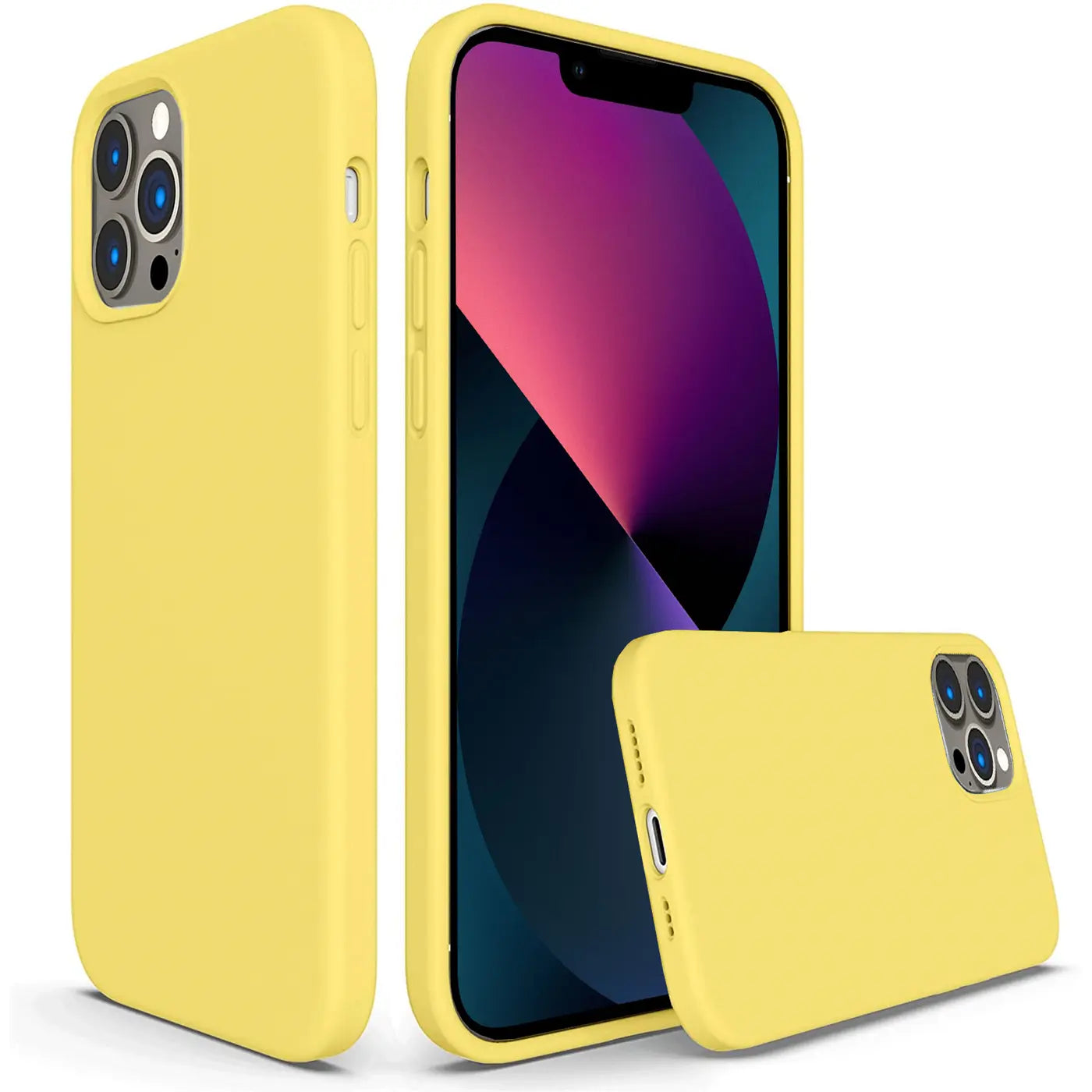 Gelbe Silikonhülle für iPhone 13 Pro, von vorne und Seite, mit Mikrofaser-Innenfutter.