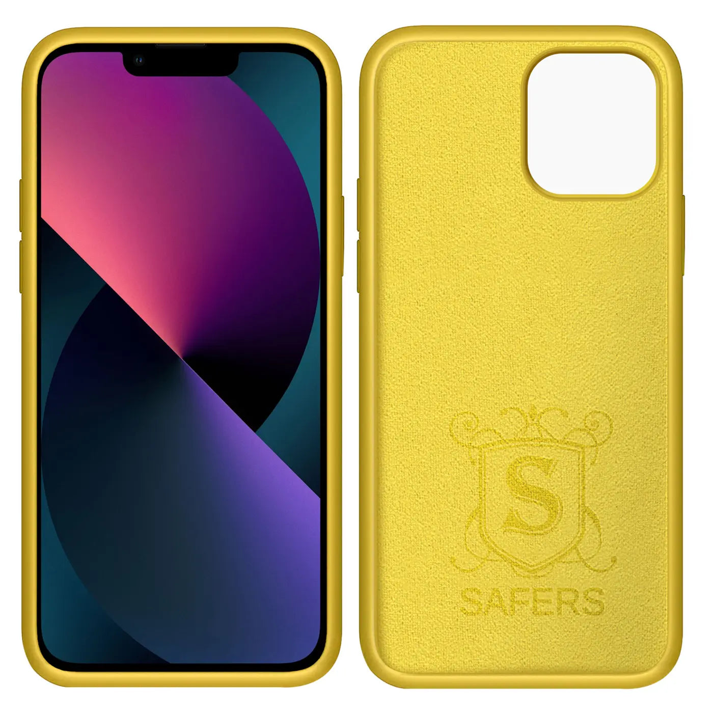 Gelbe Silikonhülle für iPhone 13 Pro, Vorder- und Rückansicht, Mikrofaser innen.