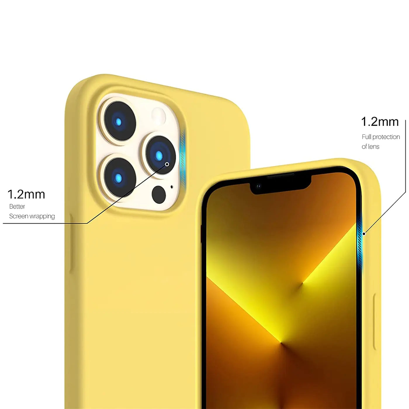 Gelbe Silikonhülle für iPhone 13 Pro, Rückseite und Vorderseite sichtbar, Nahaufnahme.