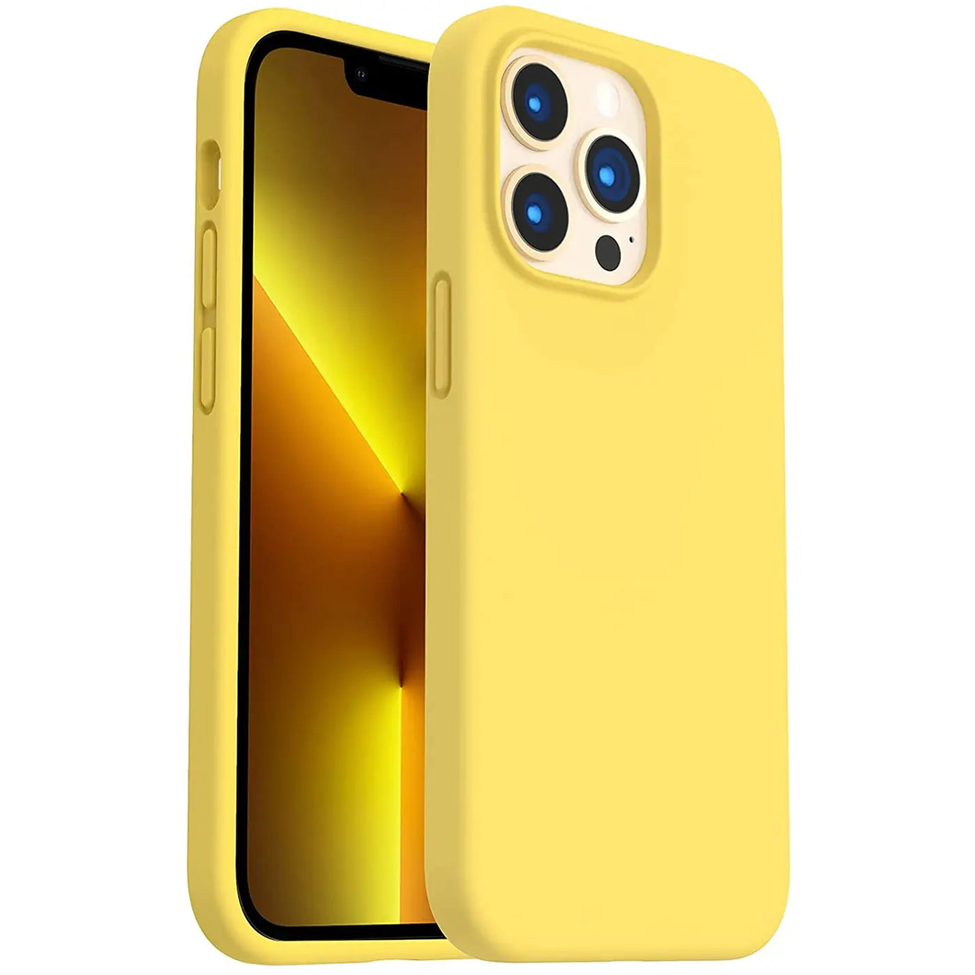 Gelbe Silikonhülle für iPhone 13 Pro, von vorne/seitlich, mit Mikrofaser-Innenfutter.