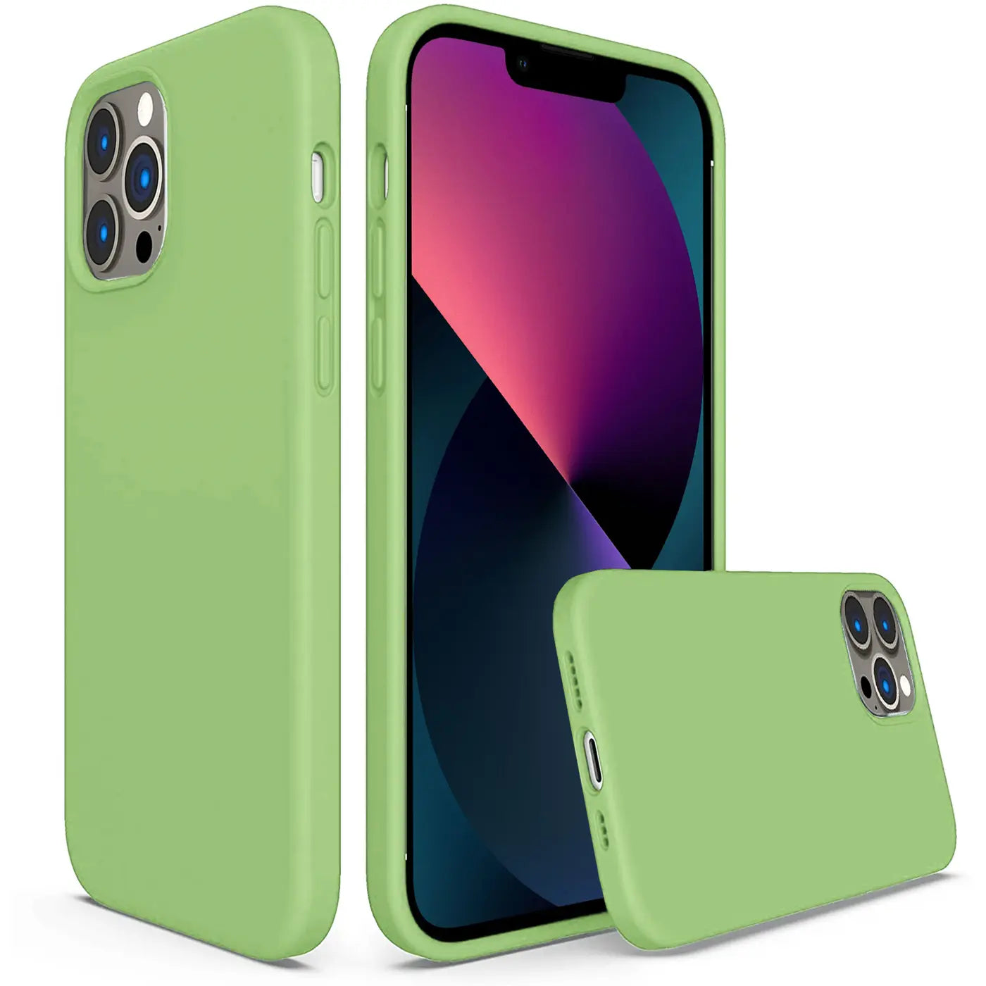 Grüne Silikonhülle für iPhone 13 Pro, von vorne und seitlich gezeigt.