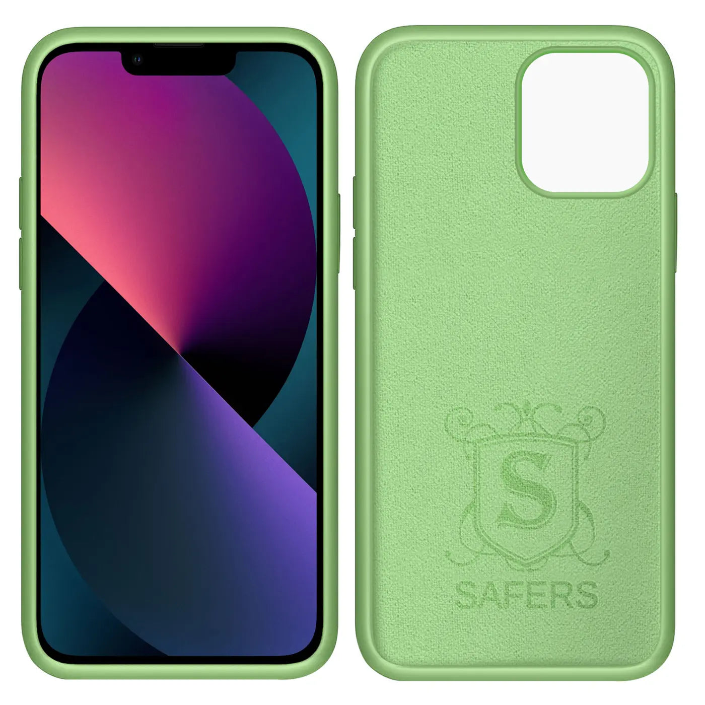 Grüne Silikonhülle für iPhone 13 Pro, Vorder- und Rückansicht. Mikrofaser innen.