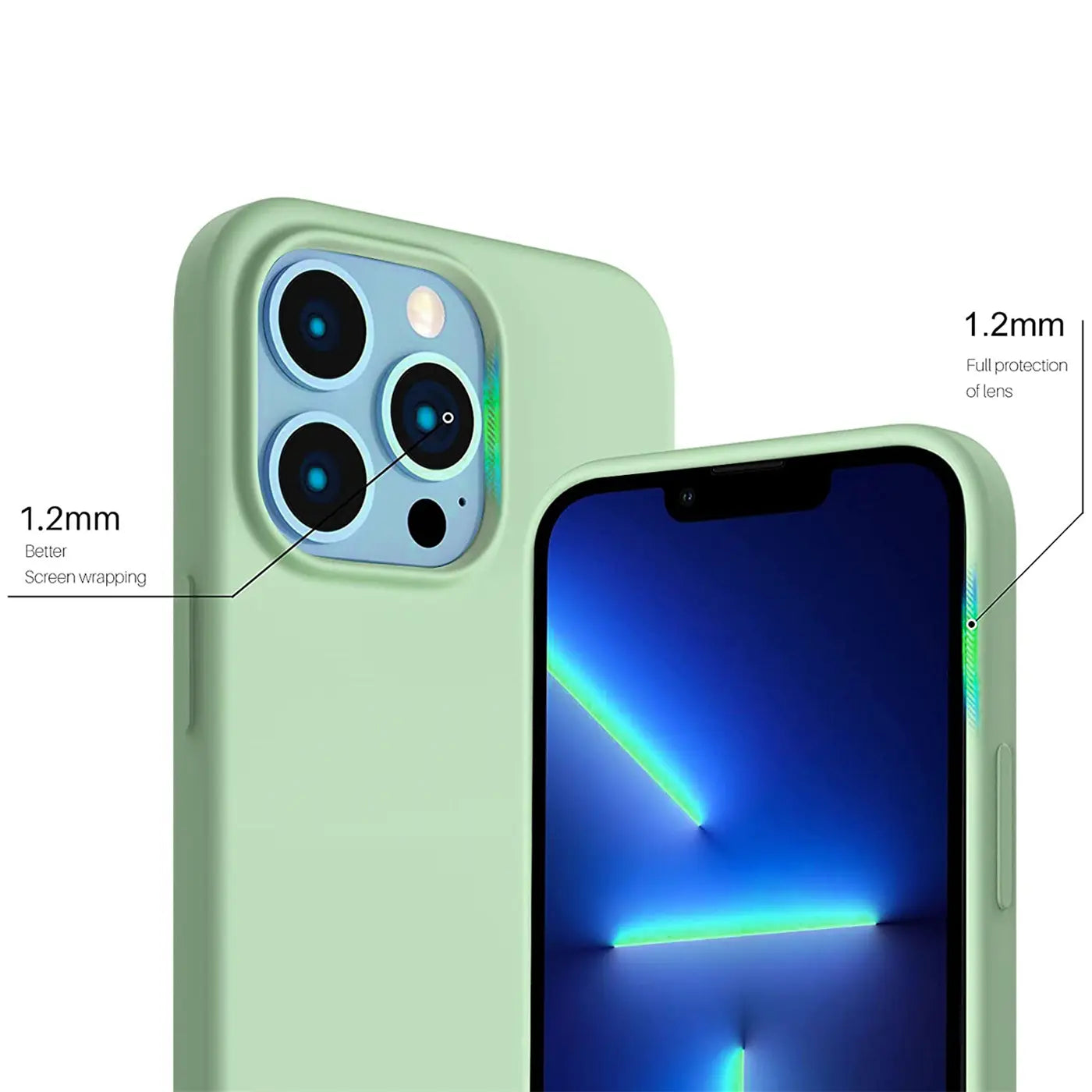 Hellgrüne Silikonhülle für iPhone 13 Pro, Nahaufnahme, Rückseite und Vorderseite sichtbar.