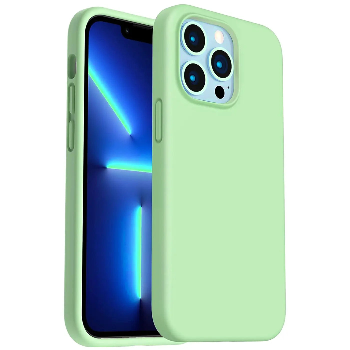 Hellgrüne Silikonhülle für iPhone 13 Pro, von vorne schräg fotografiert.