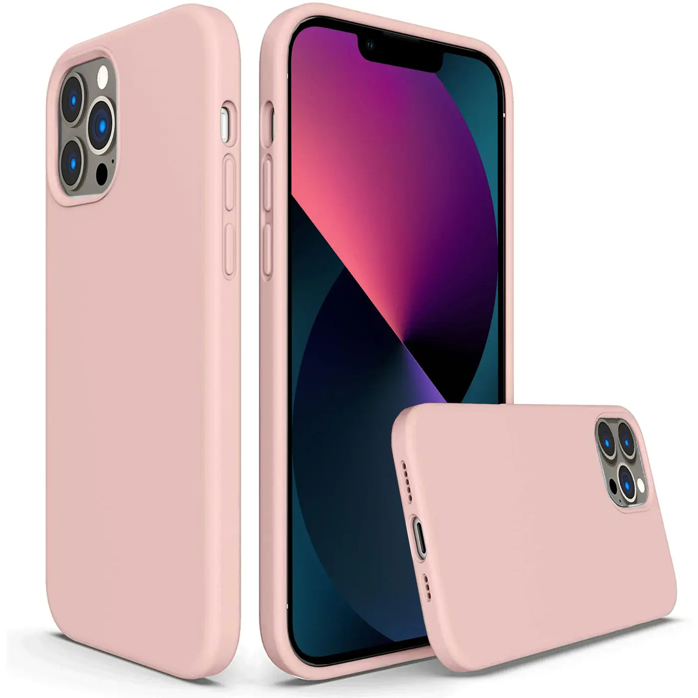 Rosa Silikonhülle für iPhone 13 Pro, von vorne und Seite, mit Gerät