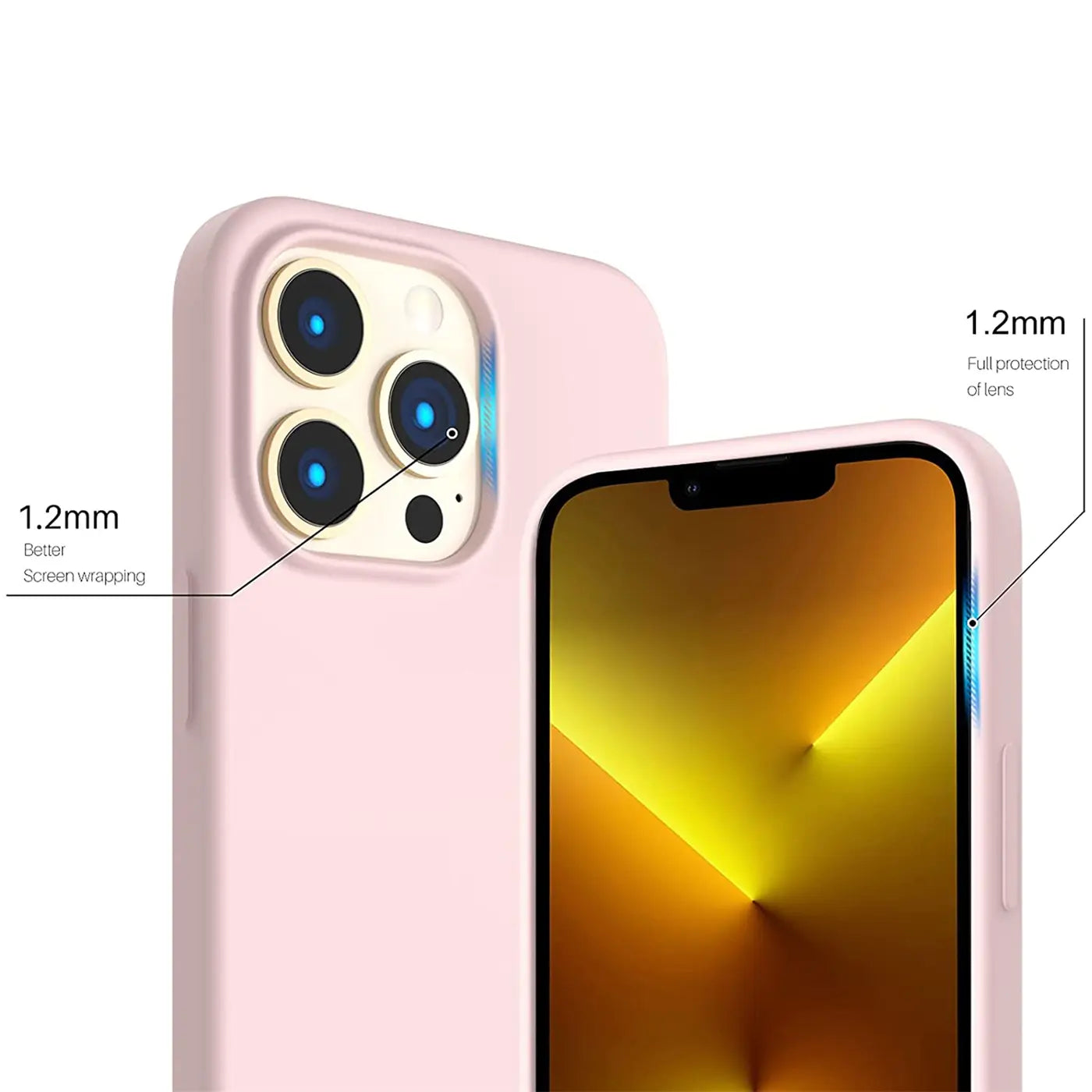 Rosa Silikonhülle für iPhone 13 Pro, Nahaufnahme, Rückseite und Vorderseite sichtbar.
