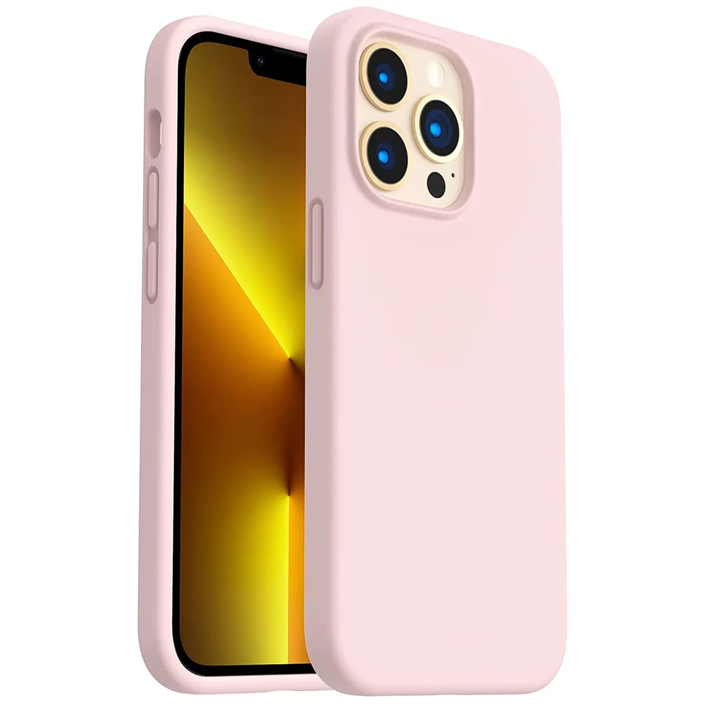 Rosa Silikonhülle für iPhone 13 Pro, von vorne links, mit Mikrofaser-Innenfutter.