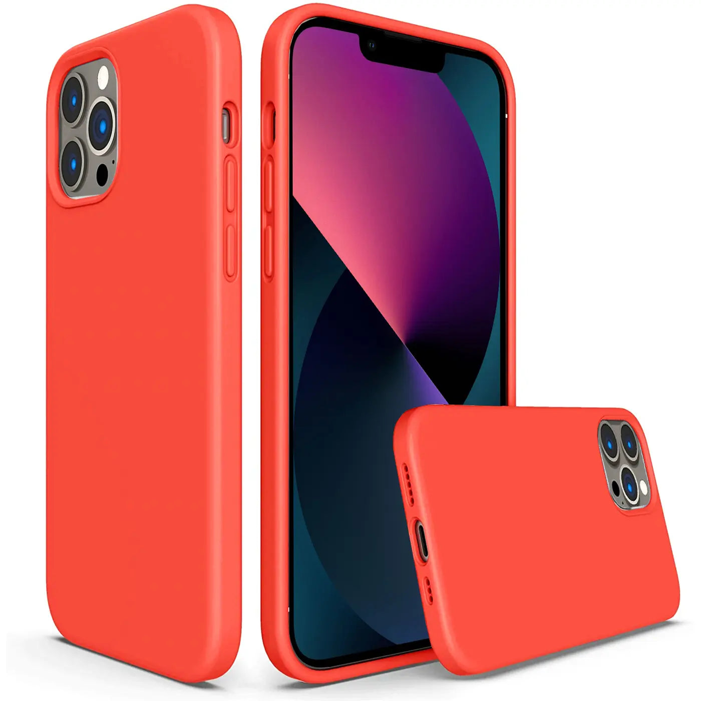 Rote Silikonhülle für iPhone 13 Pro, von vorne und von der Seite gezeigt.