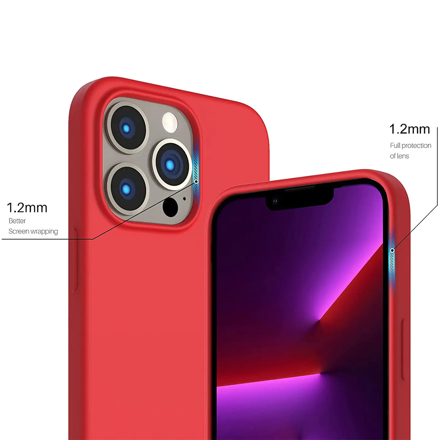 Rote Silikonhülle für iPhone 13 Pro, Rückseite und Vorderseite, Nahaufnahme