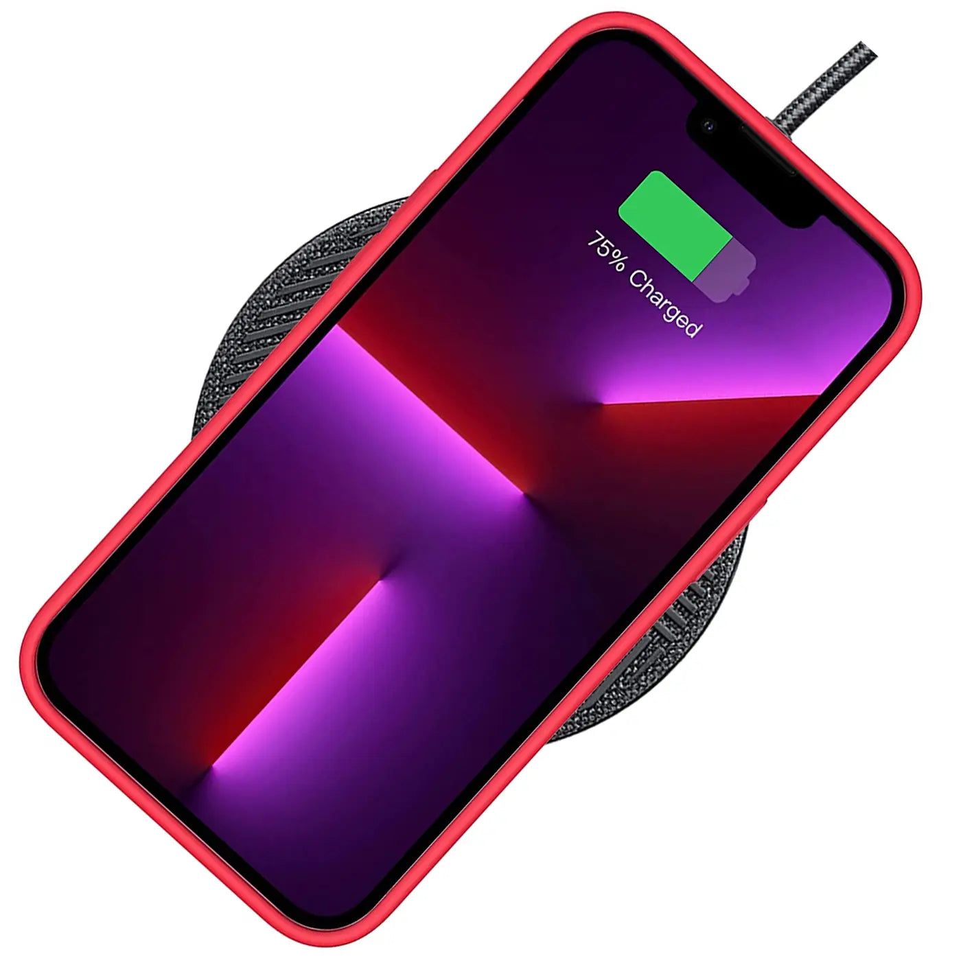 Rotes Silikon-iPhone 13 Pro auf Ladepad, von oben schräg.
