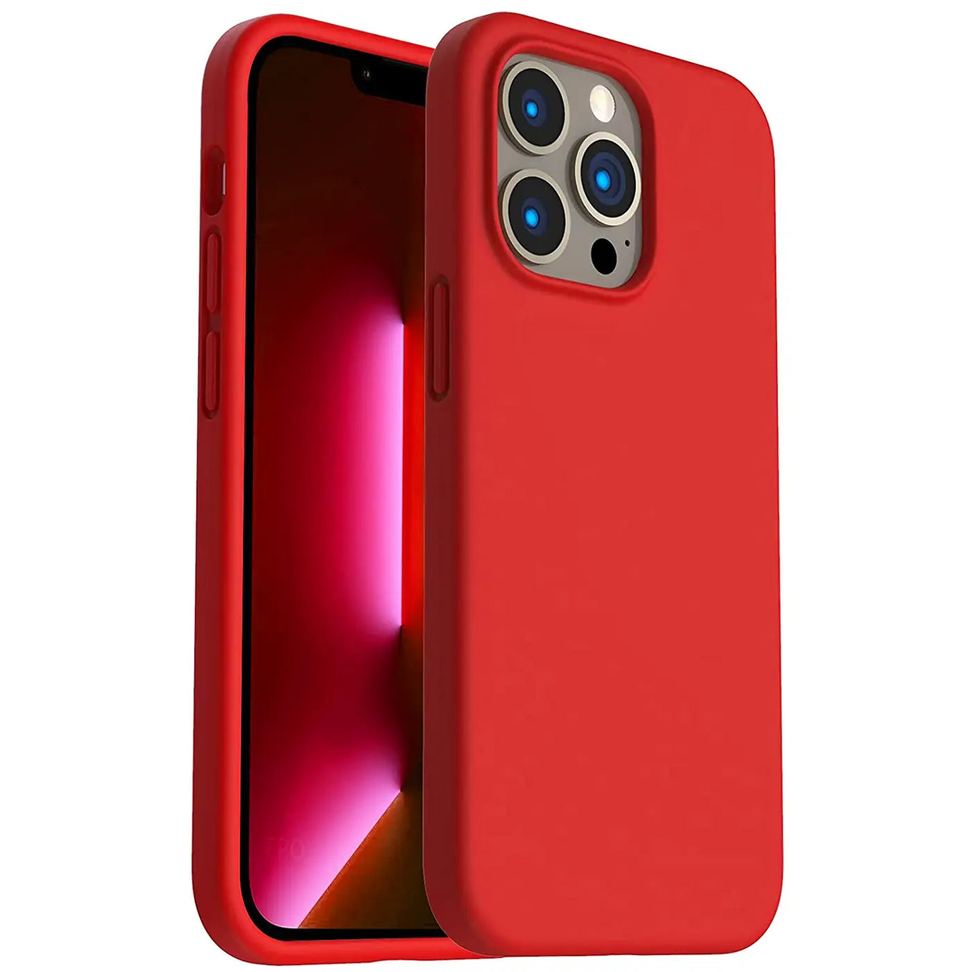 Rote Silikonhülle für iPhone 13 Pro, von schräg vorne, mit Mikrofaser-Innenfutter.