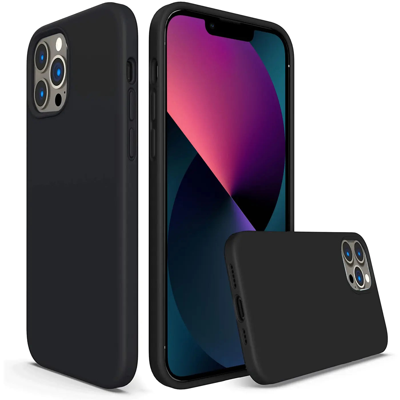 Schwarze Silikonhülle für iPhone 13 Pro, von vorne und Seite gezeigt, mit Mikrofaser-Innenfutter.