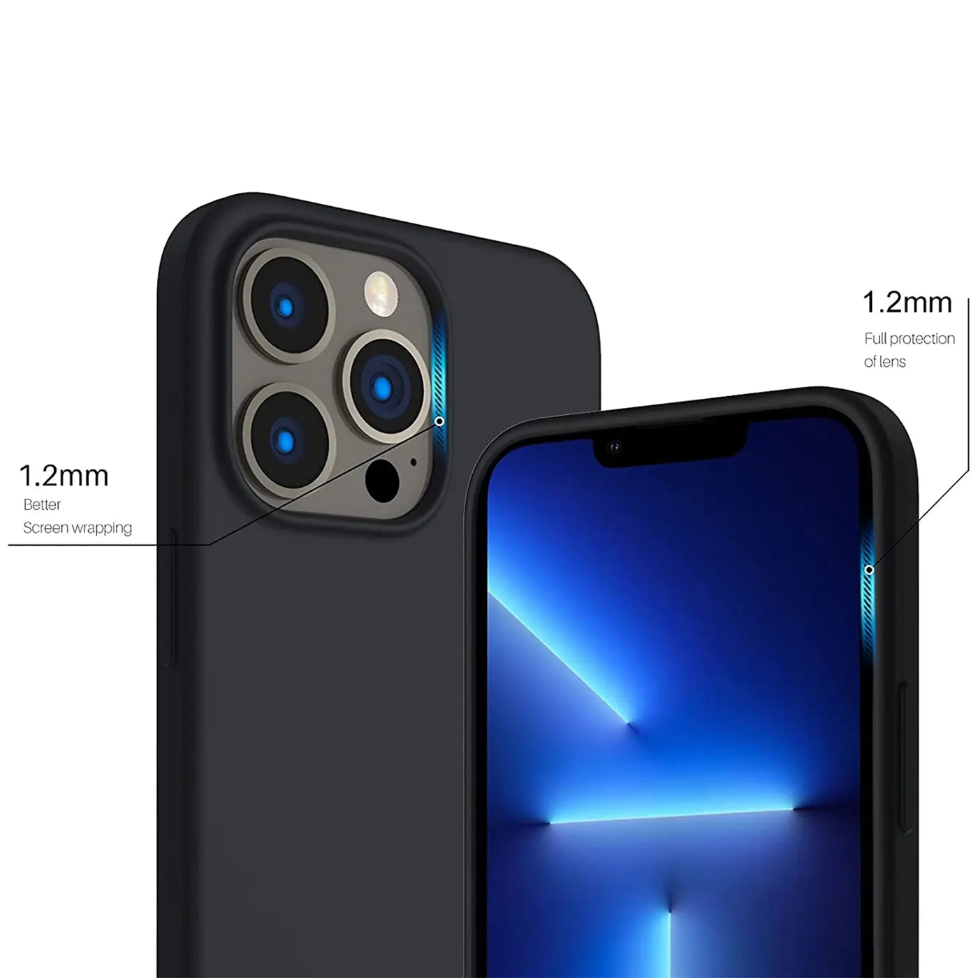 Schwarze Silikonhülle für iPhone 13 Pro, Rück- und Vorderansicht, Mikrofaser-Innenfutter.