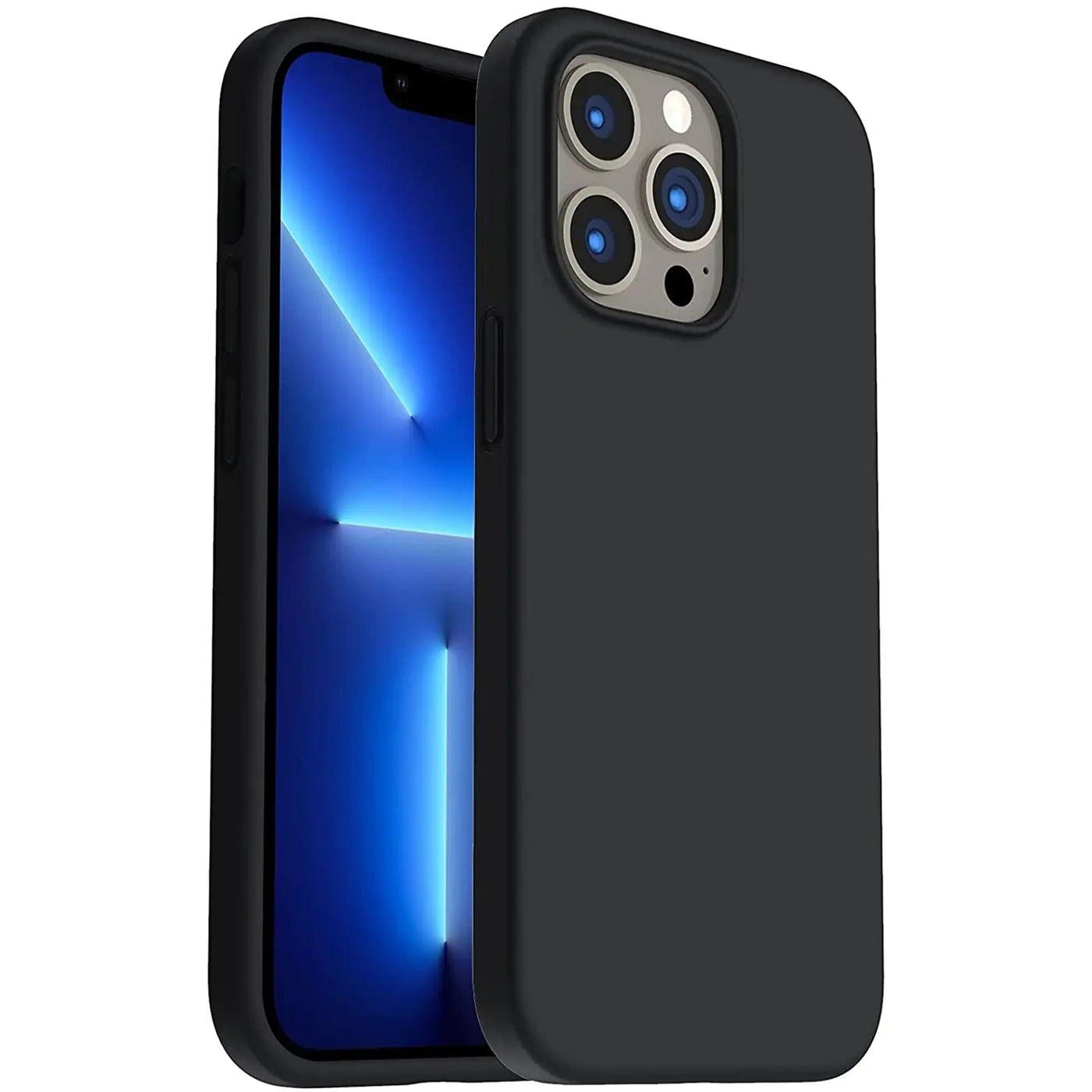 Schwarze Silikonhülle mit Mikrofaser-Innenfutter für iPhone 13 Pro, von vorne links gezeigt.