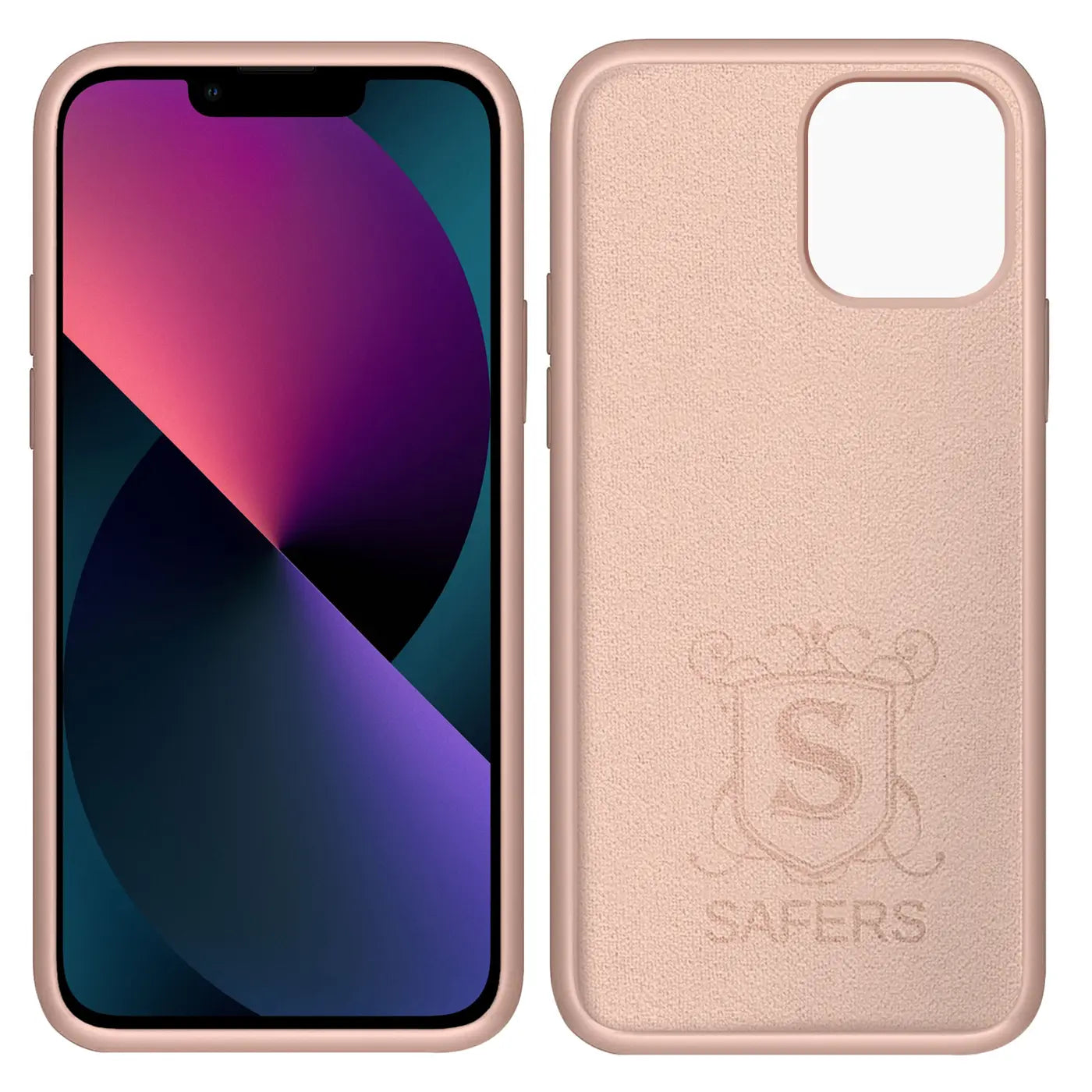 Rosa Silikonhülle für iPhone 13, Vorder- und Rückansicht. Mikrofaserfutter.