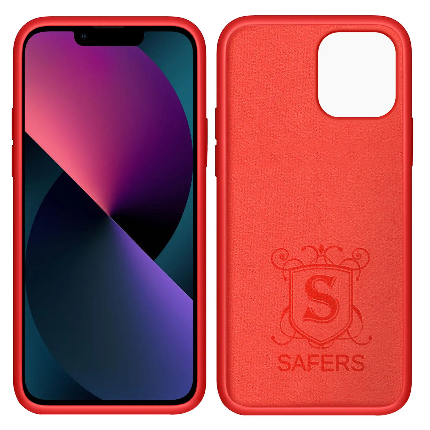 Rote Silikonhülle für iPhone 13, Vorder- und Rückansicht, mit Mikrofaser-Innenfutter.