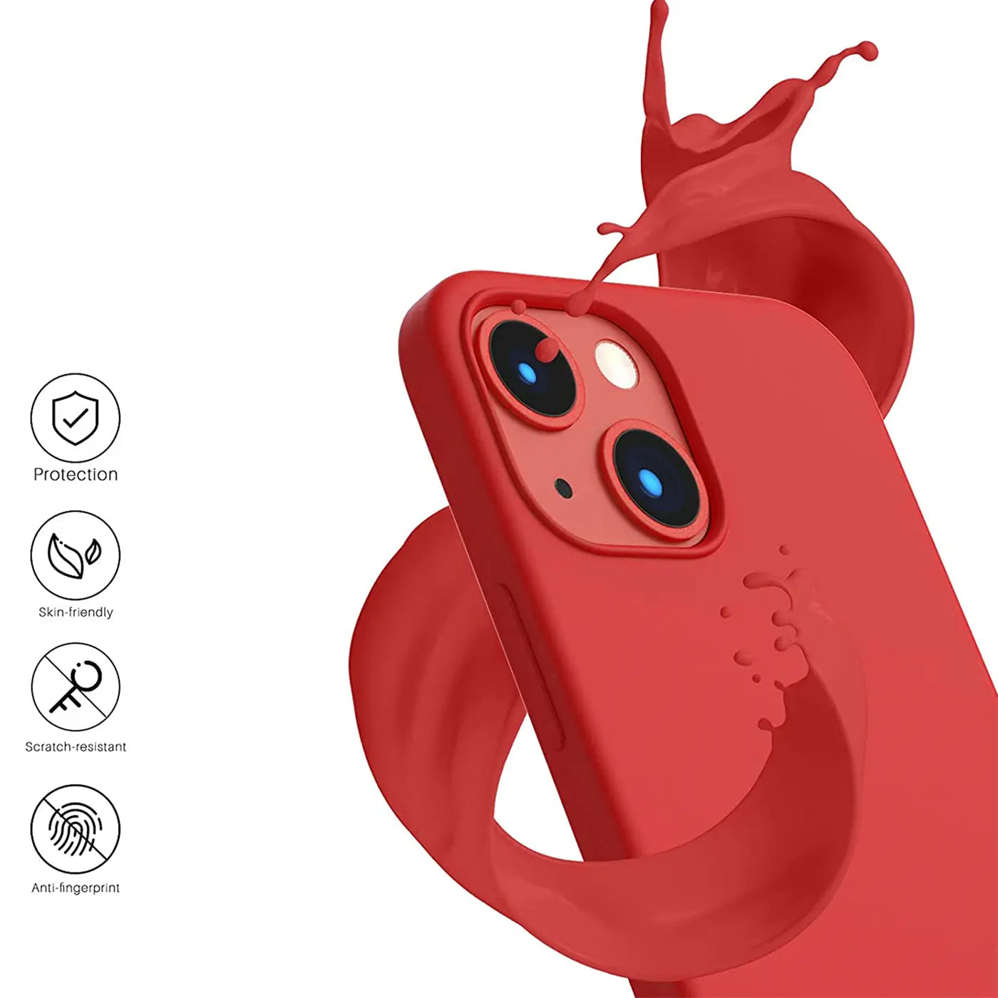 Rote Silikonhülle für iPhone 13, Nahaufnahme, von oben links, mit rotem Spritzer.